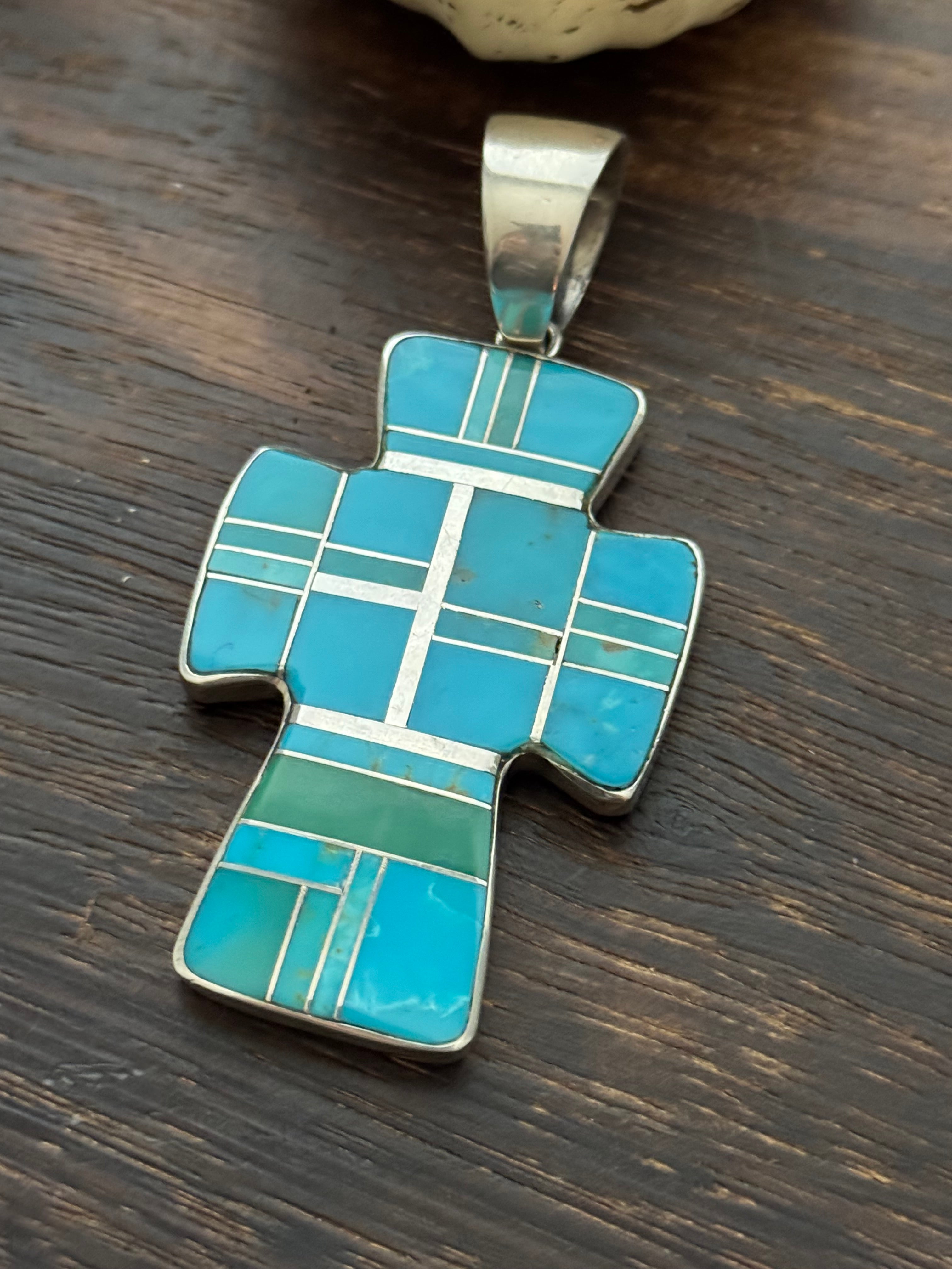 Navajo Made Multi Turquoise & Sterling Silver Cross Inlay Pendant