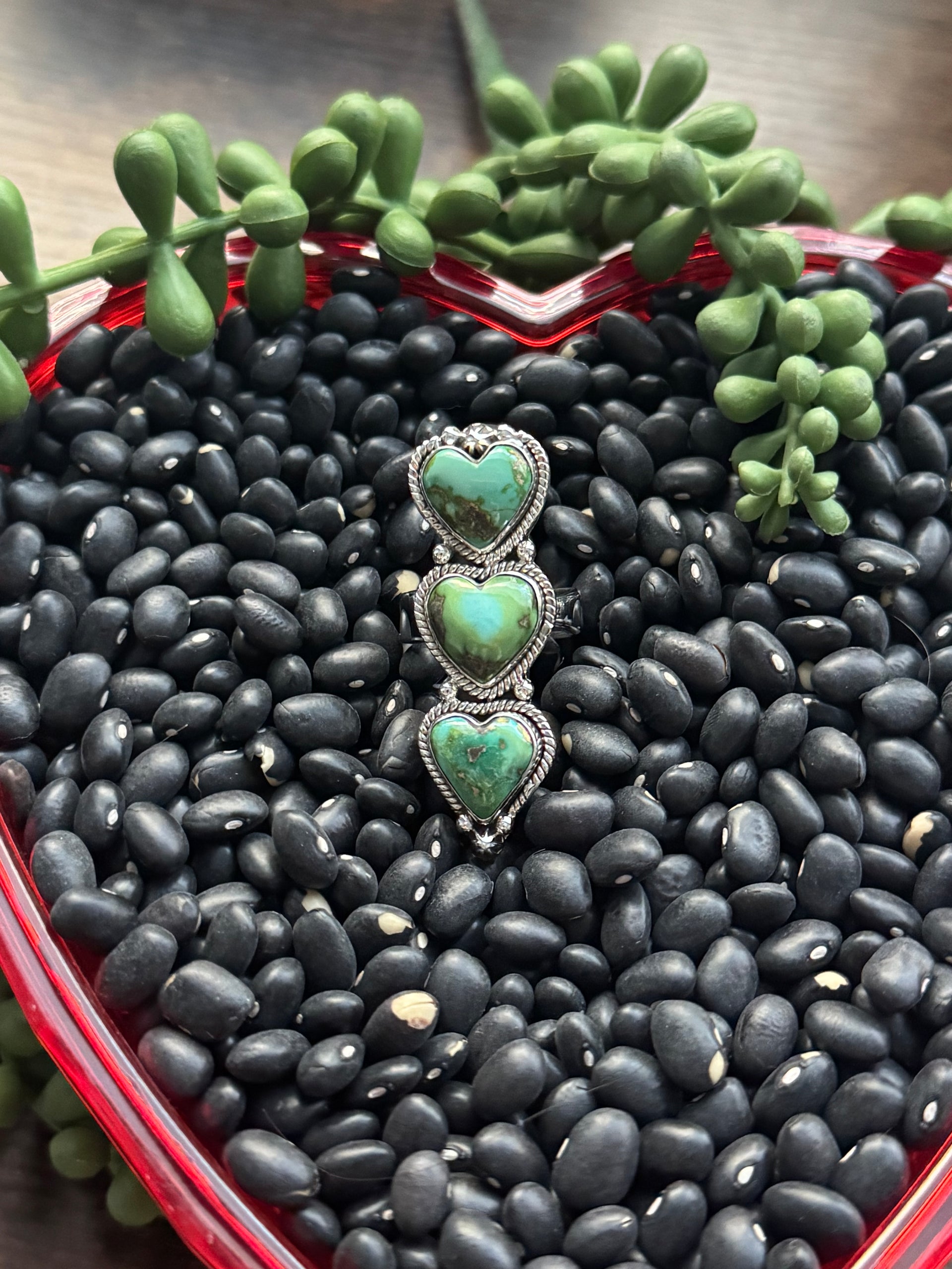 Southwest Handmade Sonoran Mountain Turquoise & Sterling Silver Adjustable Cluster Triple Heart Ring