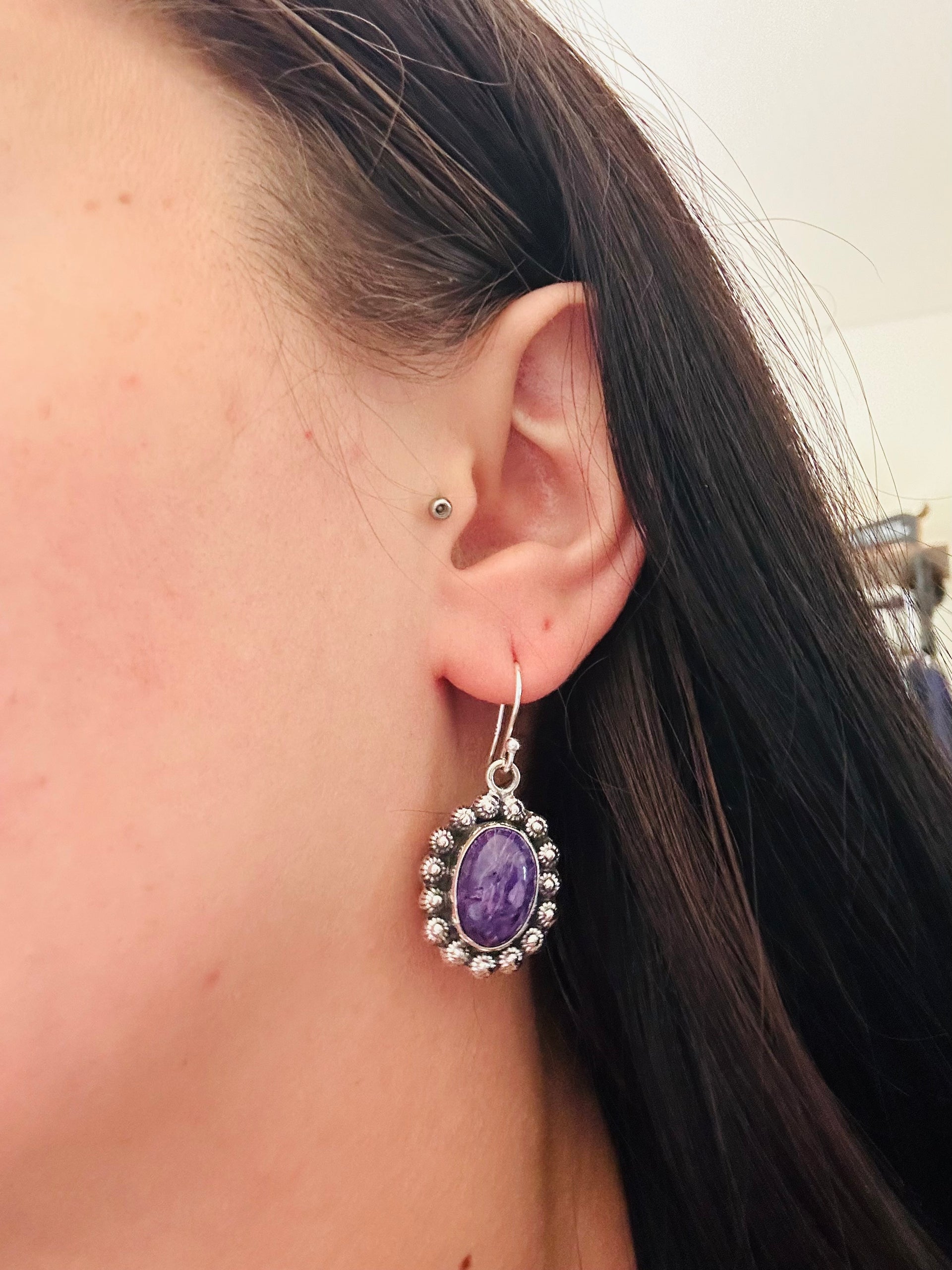 Southwest Handmade Charoite & Sterling Silver Dangle Earrings