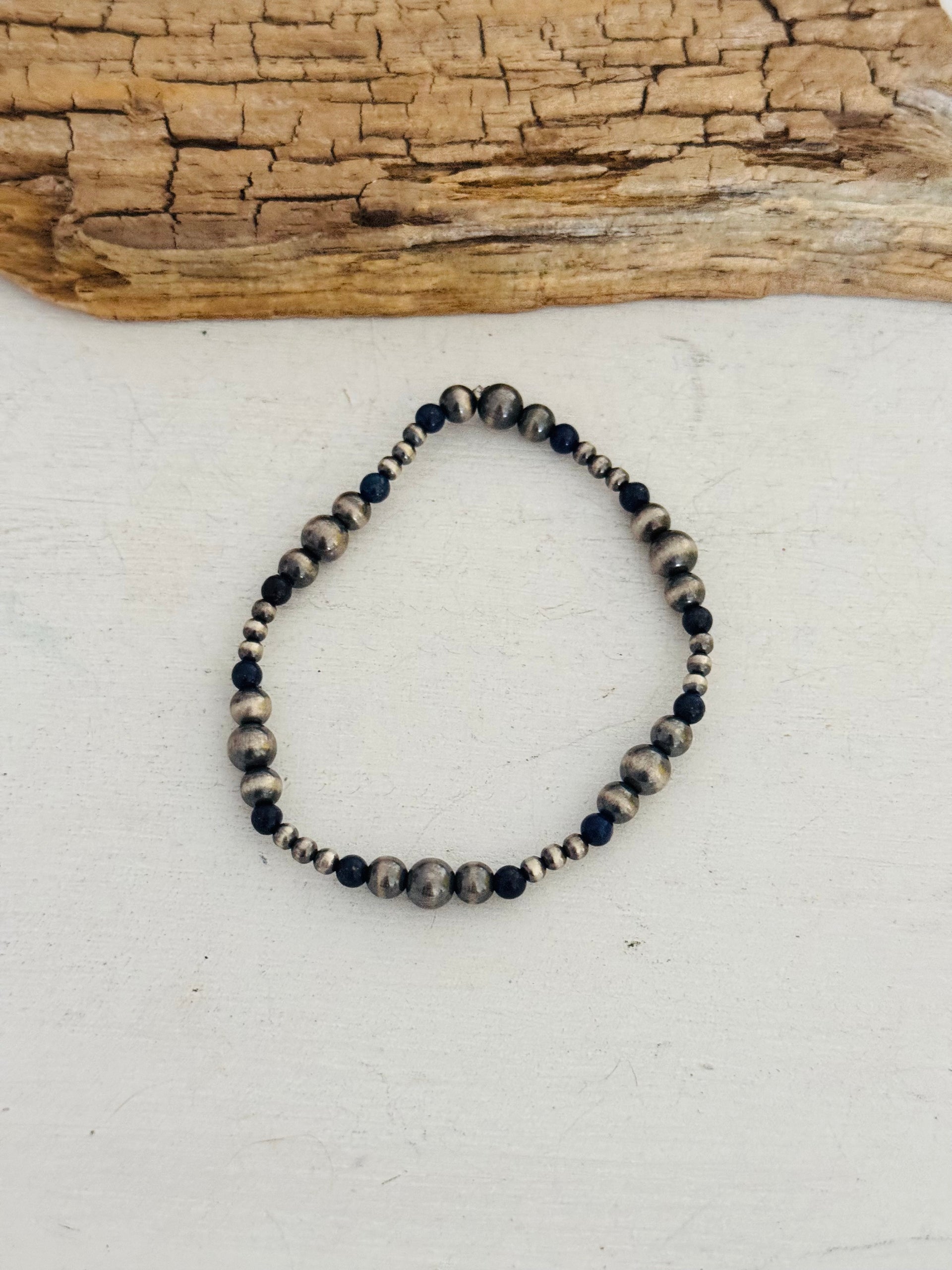 Navajo Strung Lapis & Sterling Silver Pearl Beaded Stretch Bracelet