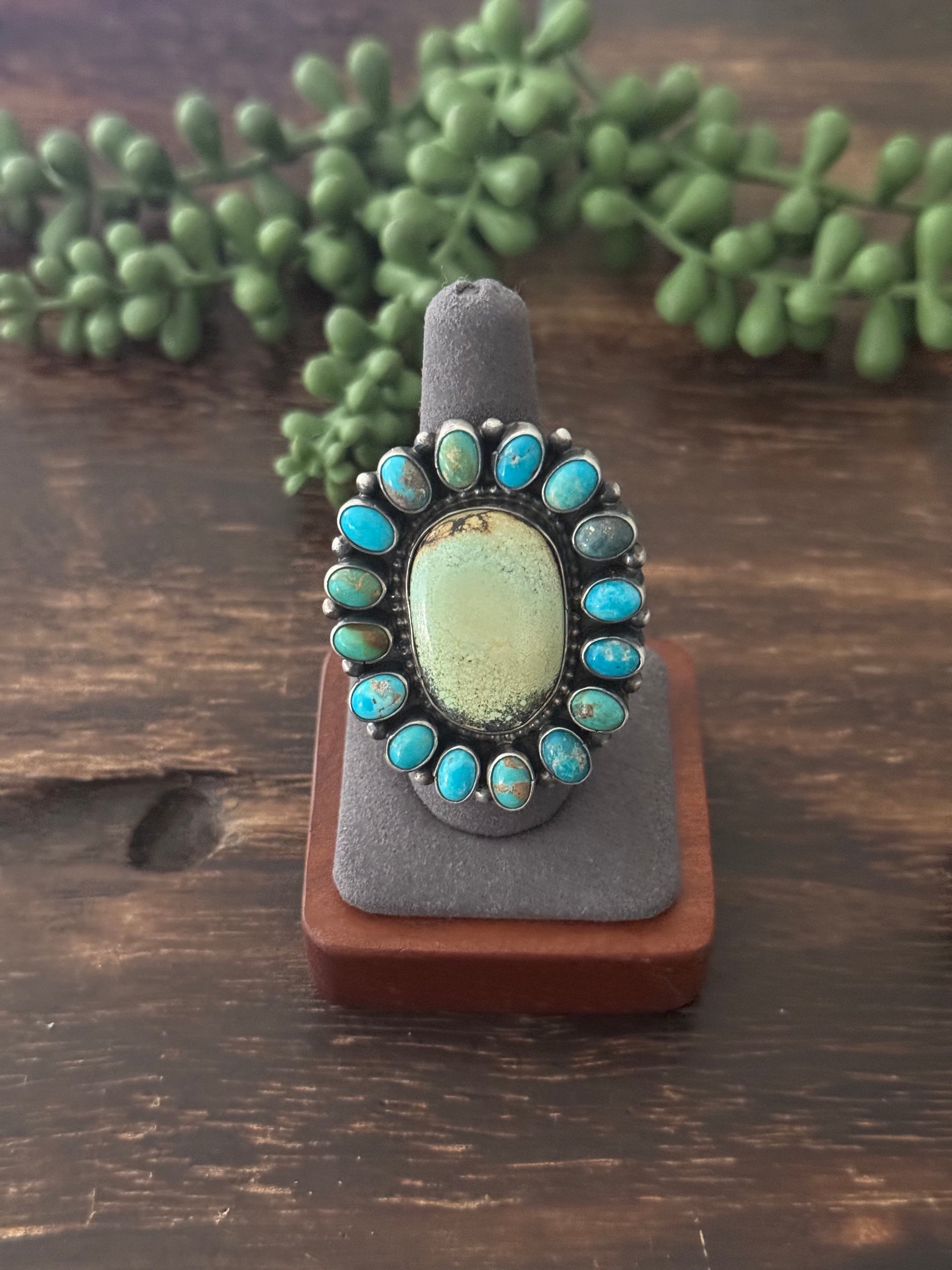 Navajo Made Mixed Turquoise & Sterling Silver Adjustable Cluster Ring