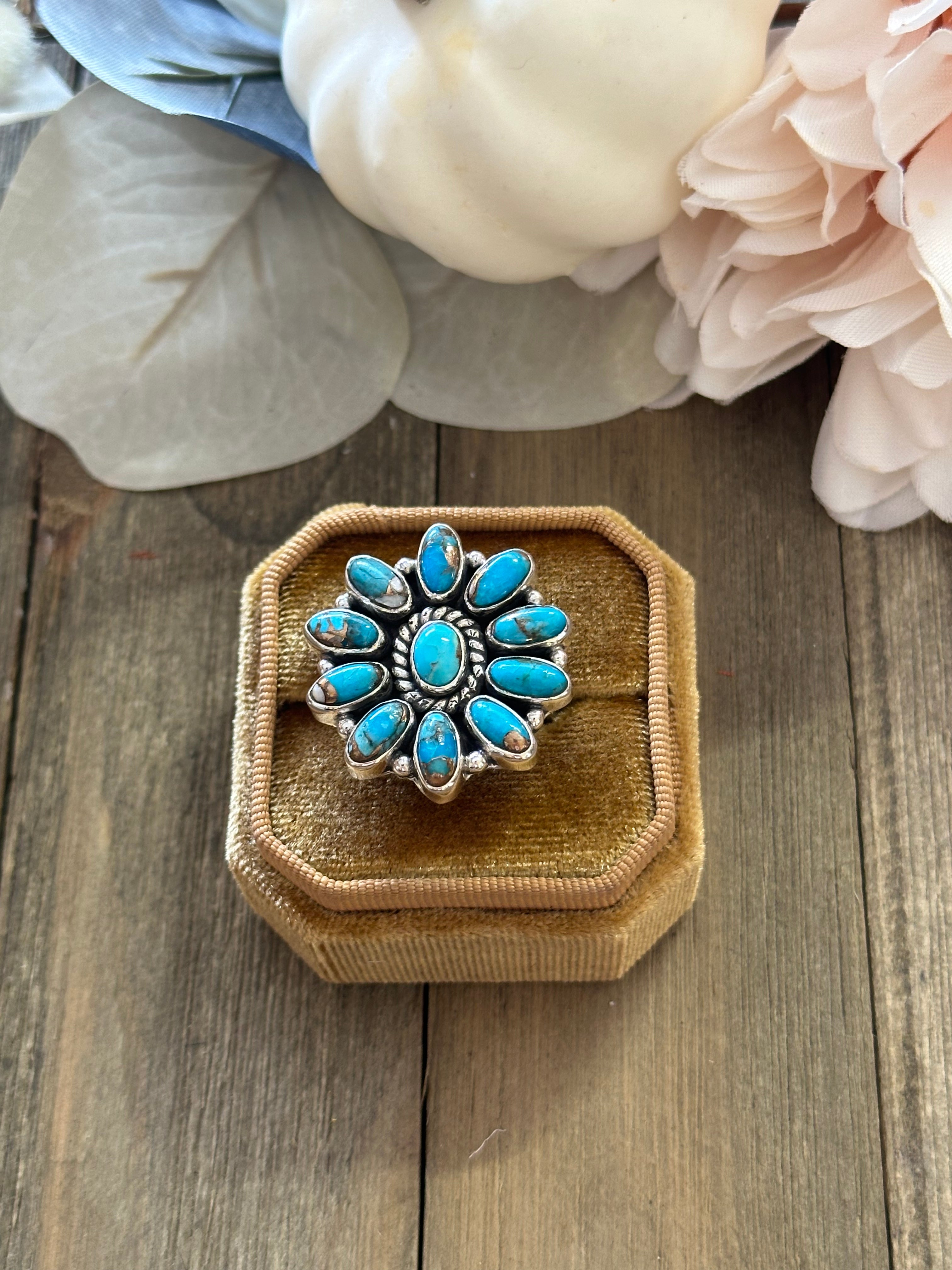 Southwest Handmade Mohave Turquoise & Sterling Silver Adjustable Cluster Ring