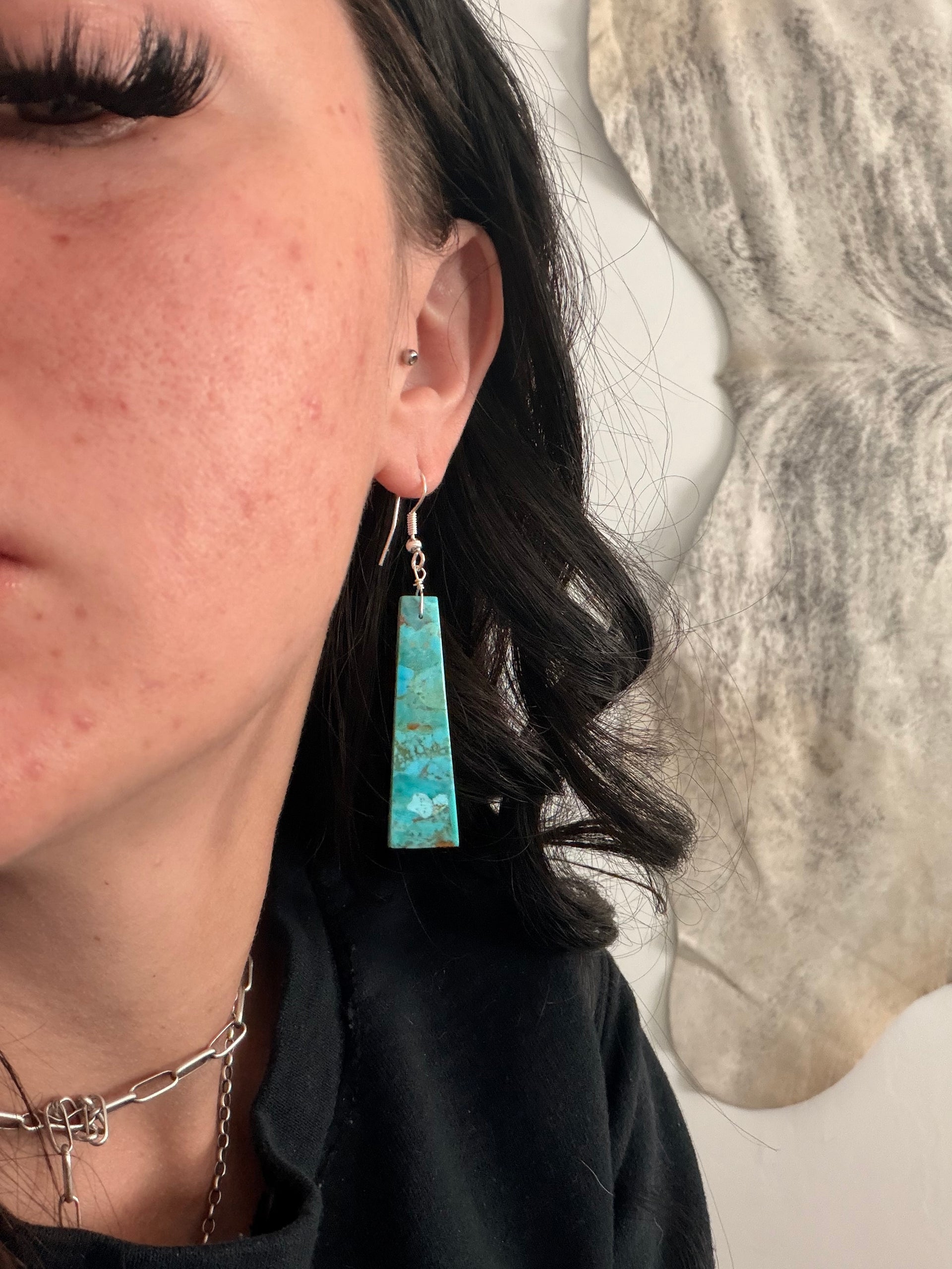 Navajo Made Mohave Turquoise & Sterling Silver Slab Dangle Earrings