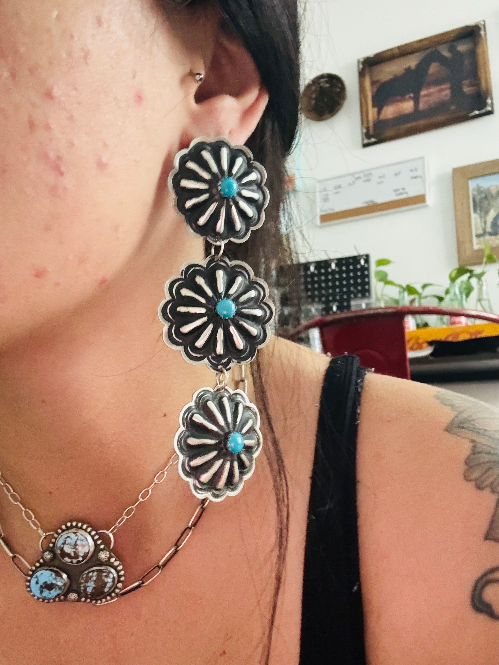 Navajo Made Kingman Turquoise & Sterling Silver Concho Post Dangle Earrings