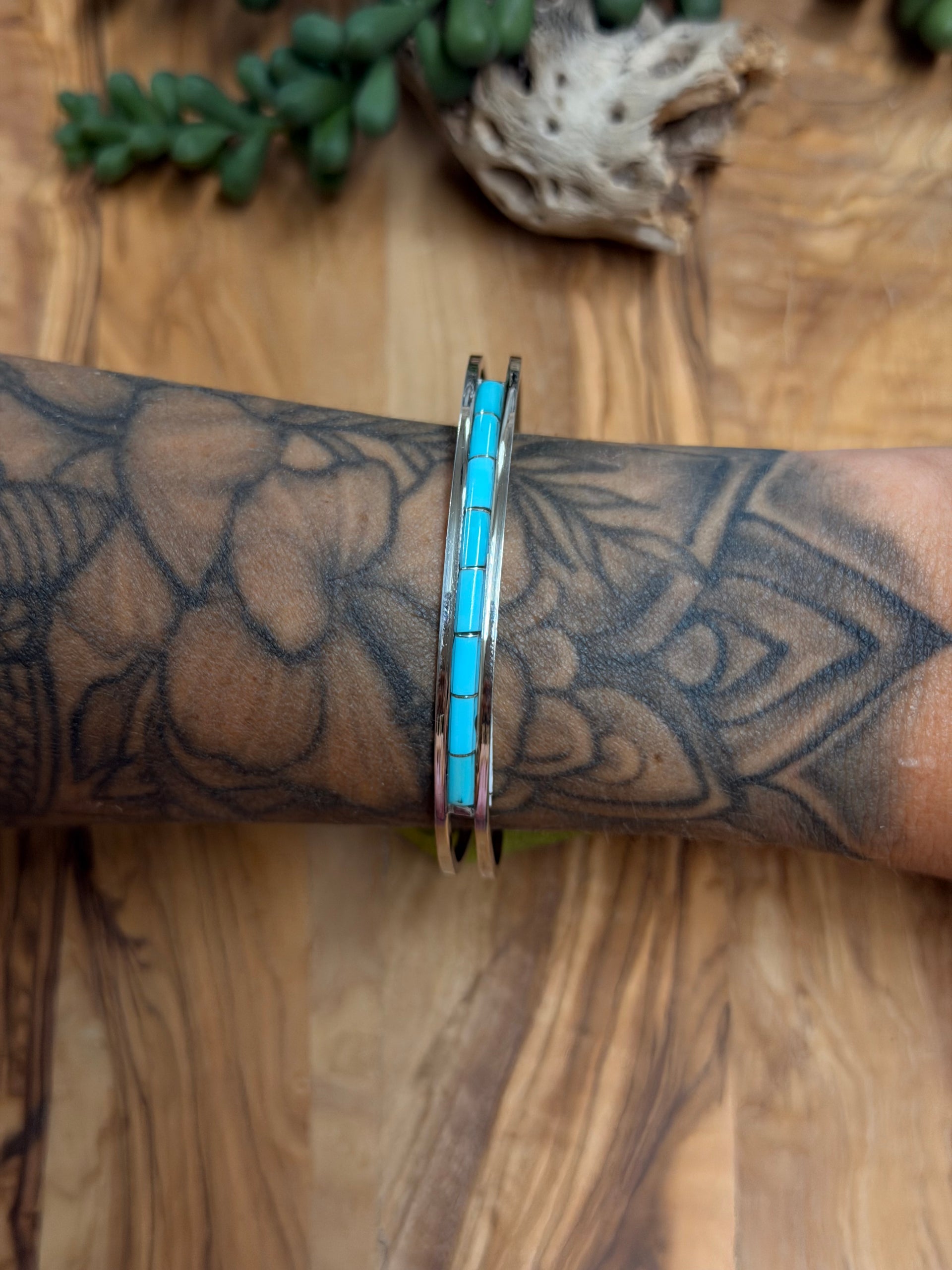 Zuni Made Kingman Turquoise & Sterling Silver Inlay Cuff Bracelet
