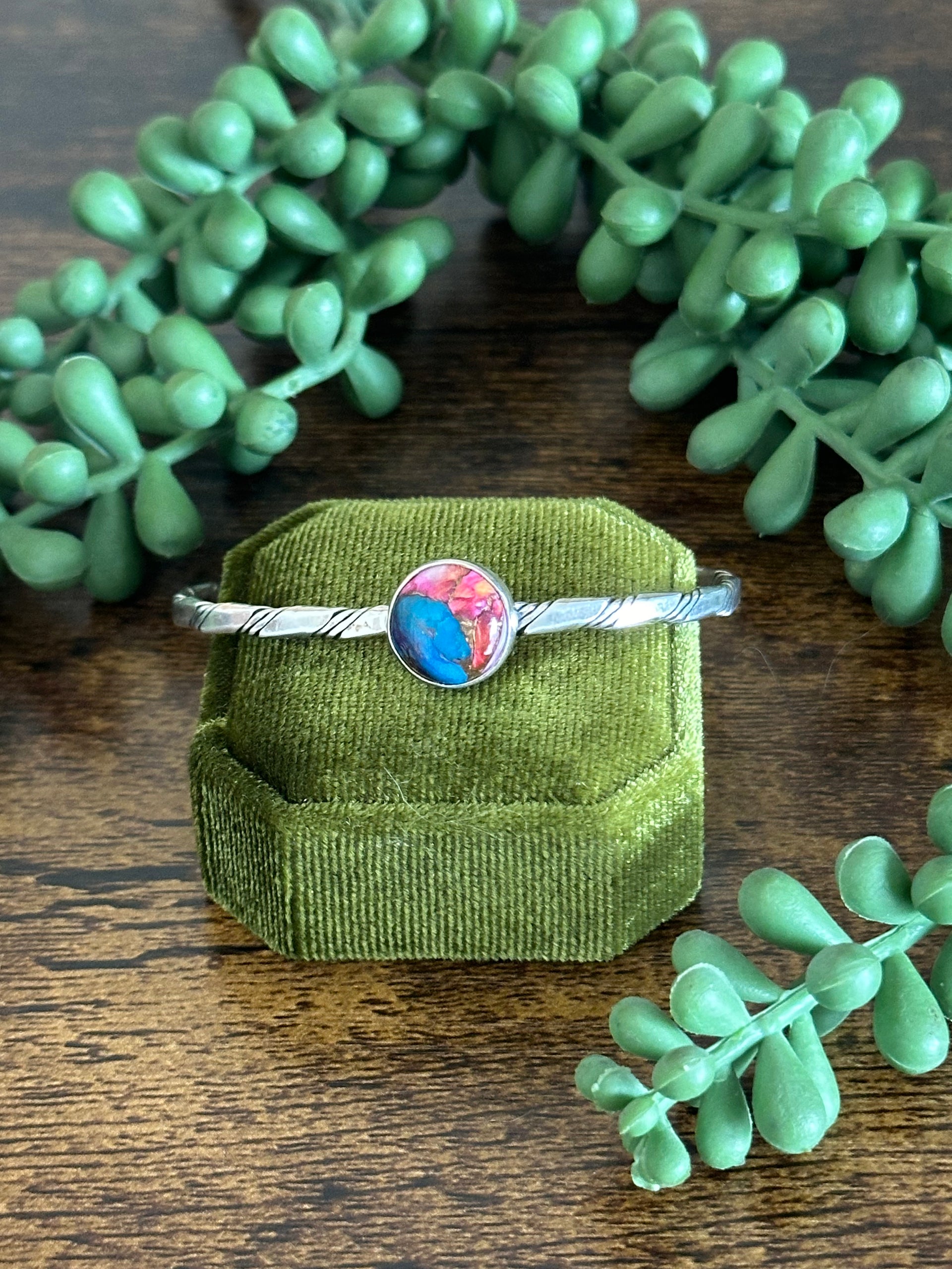 Navajo Made Pink Mohave Turquoise & Sterling Silver Cuff Bracelet
