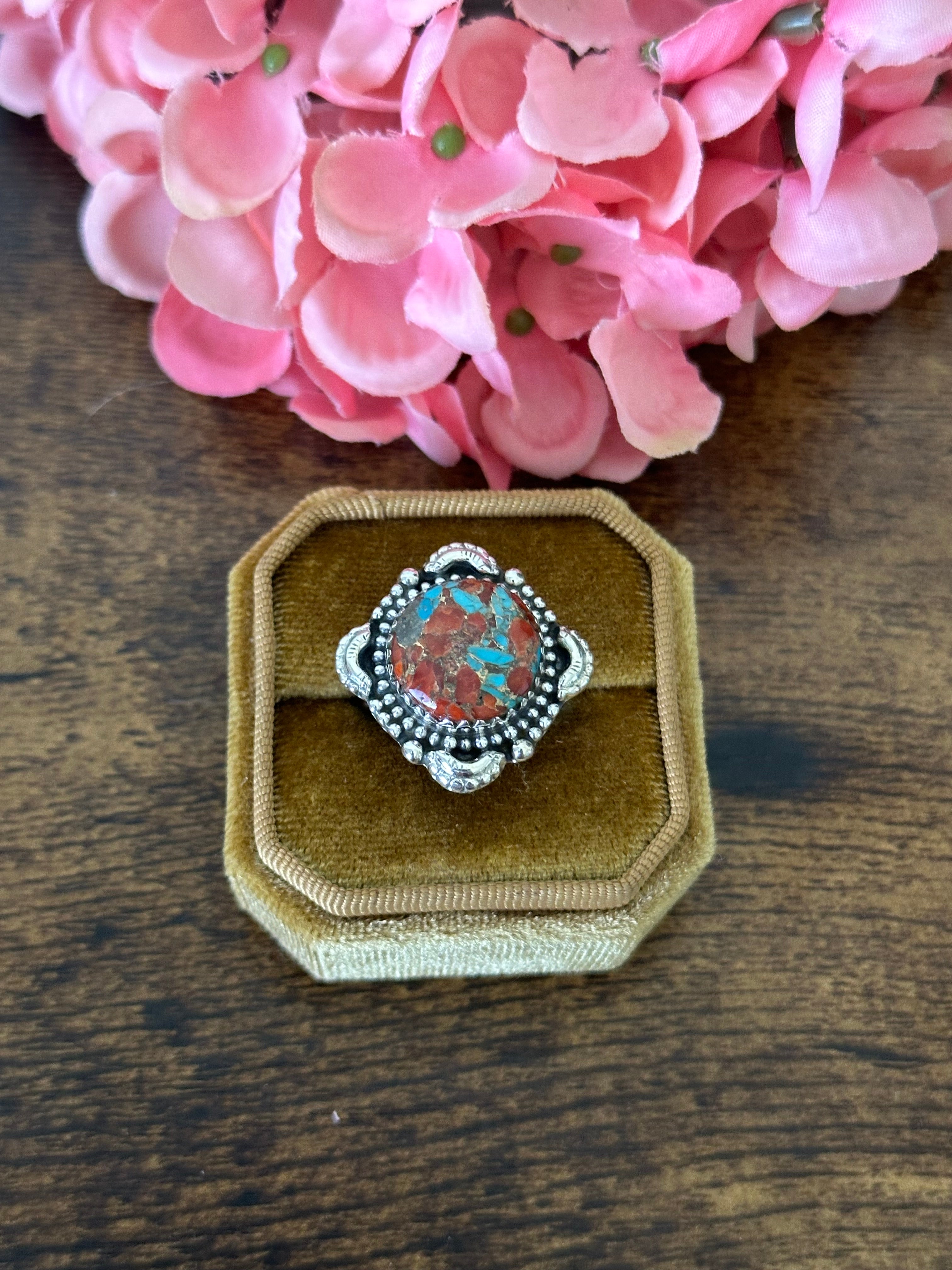 Southwest Handmade Red Mohave Turquoise & Sterling Silver Ring Size 7.75