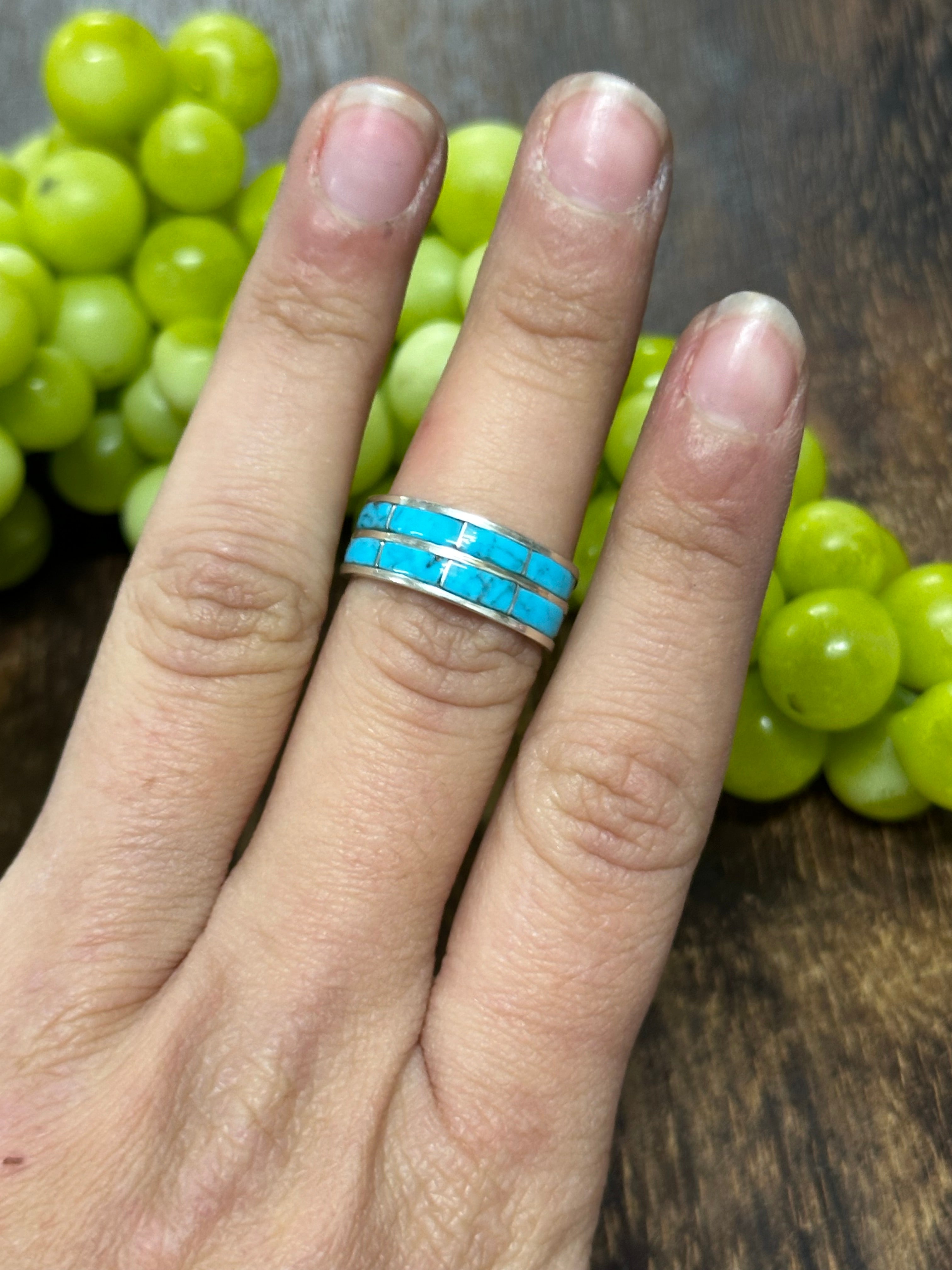 Navajo Made Kingman Turquoise & Sterling Silver Inlay Ring