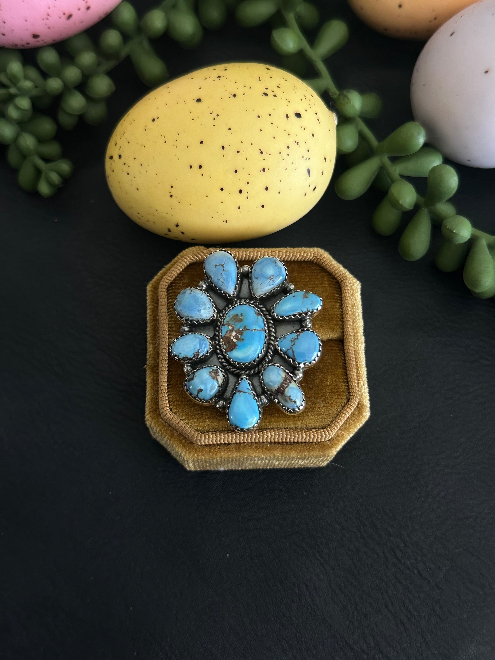 Southwest Handmade Golden Hills Turquoise & Sterling Silver Adjustable Cluster Ring