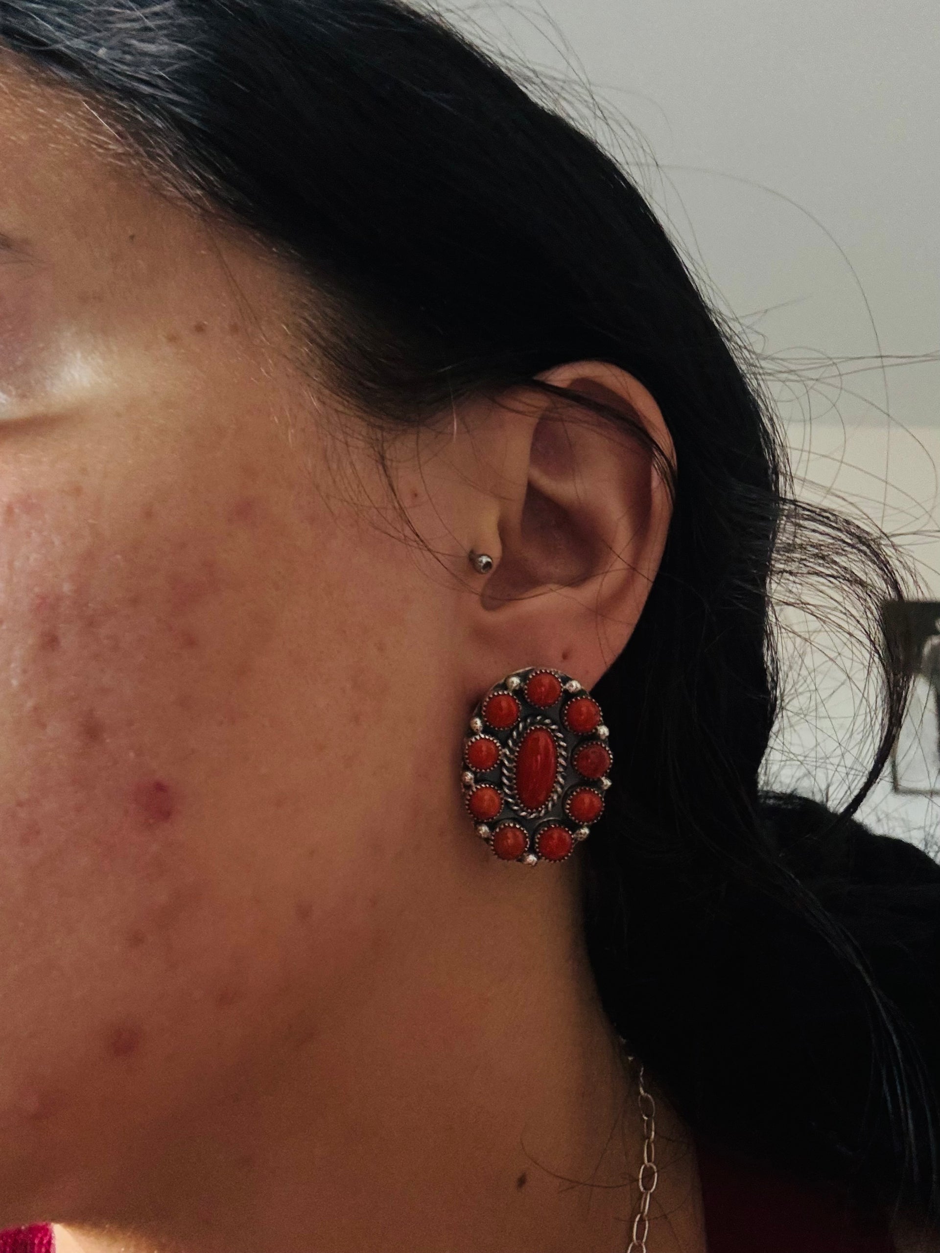 Navajo Made Natural Mediterranean Coral & Sterling Silver Post Dangle Cluster Earrings