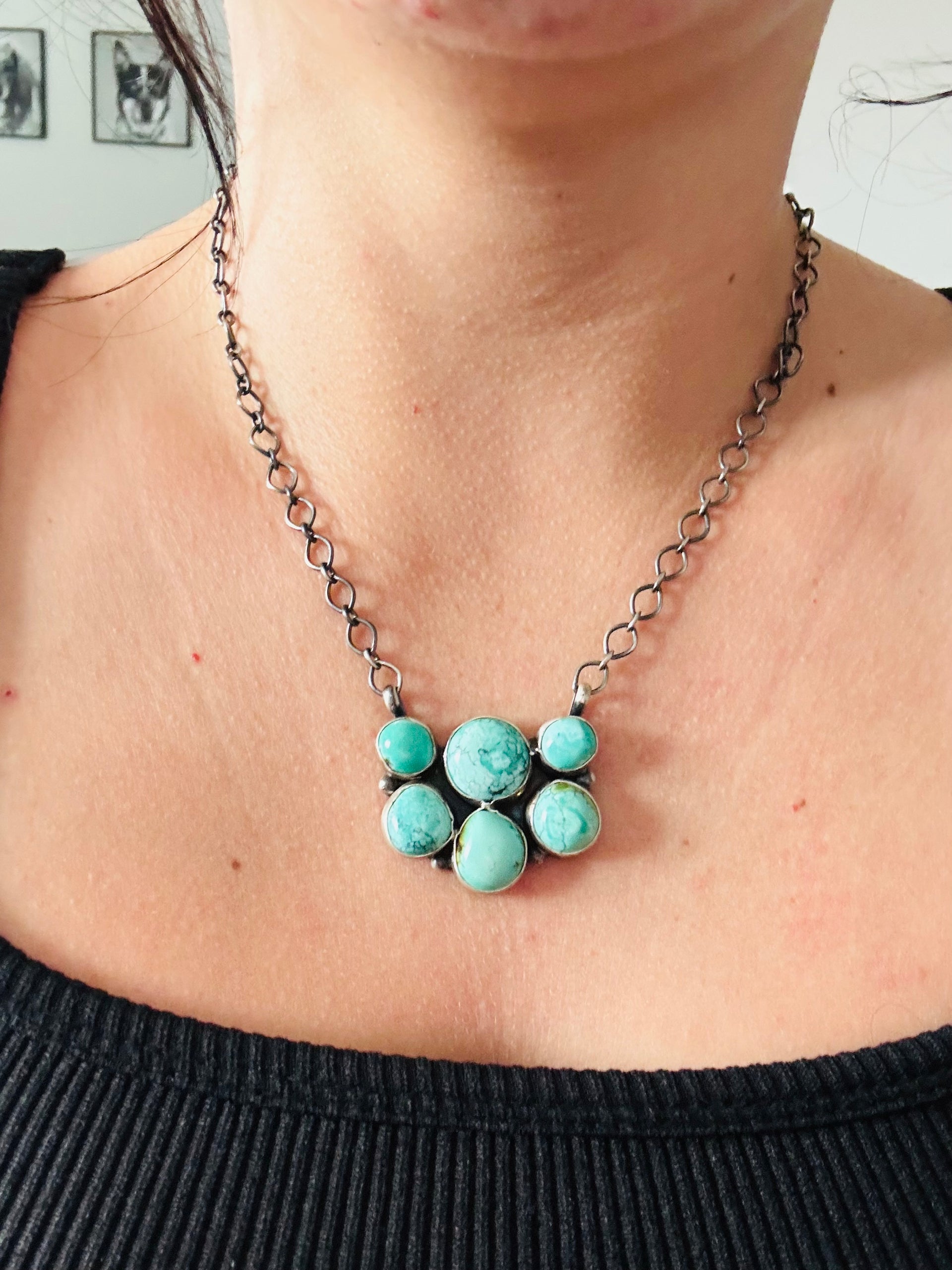 Navajo Made Blue Moon & Sterling Silver Cluster Necklace