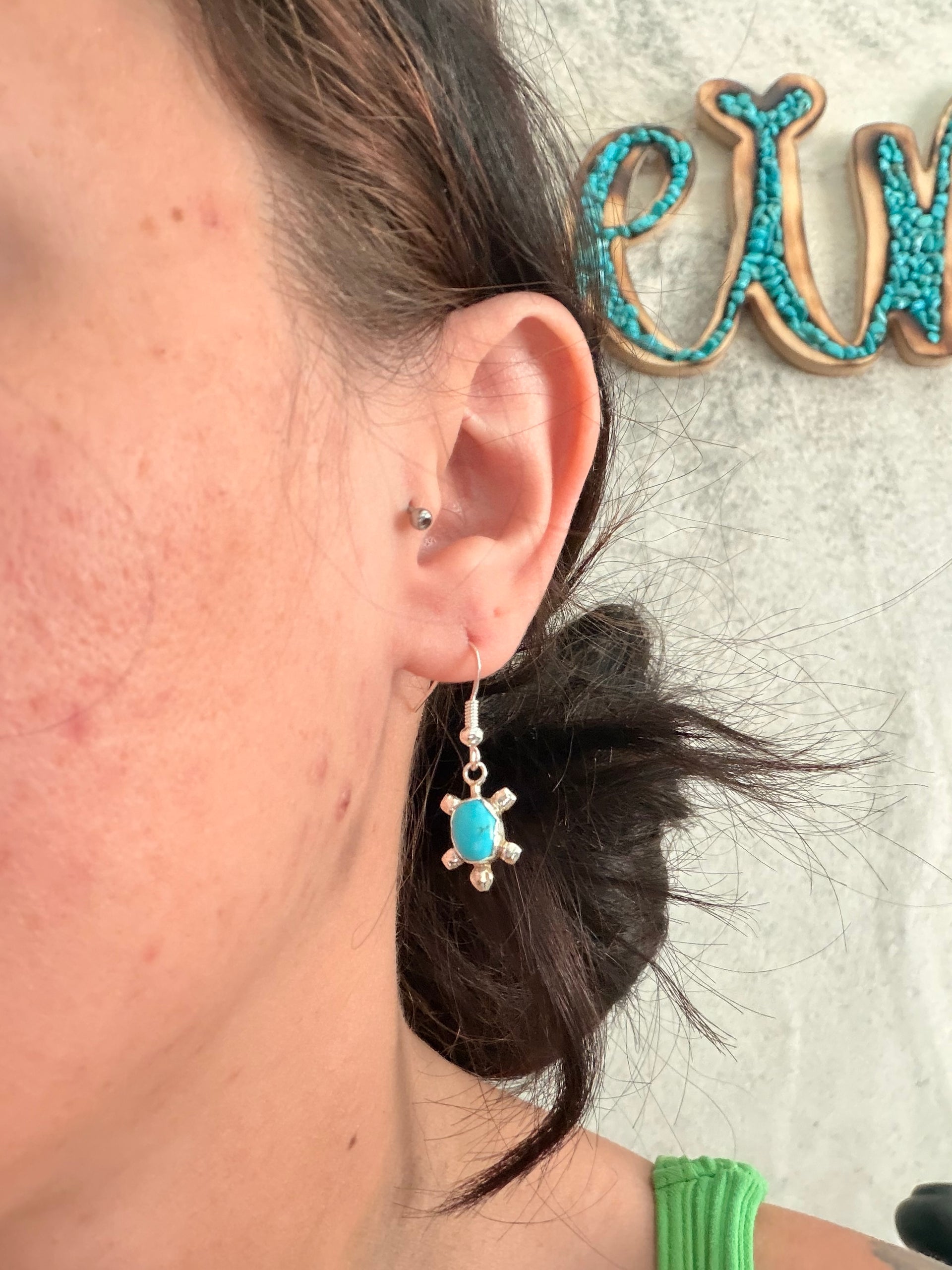 Navajo Made Kingman Turquoise & Sterling Silver Turtle Dangle Earrings