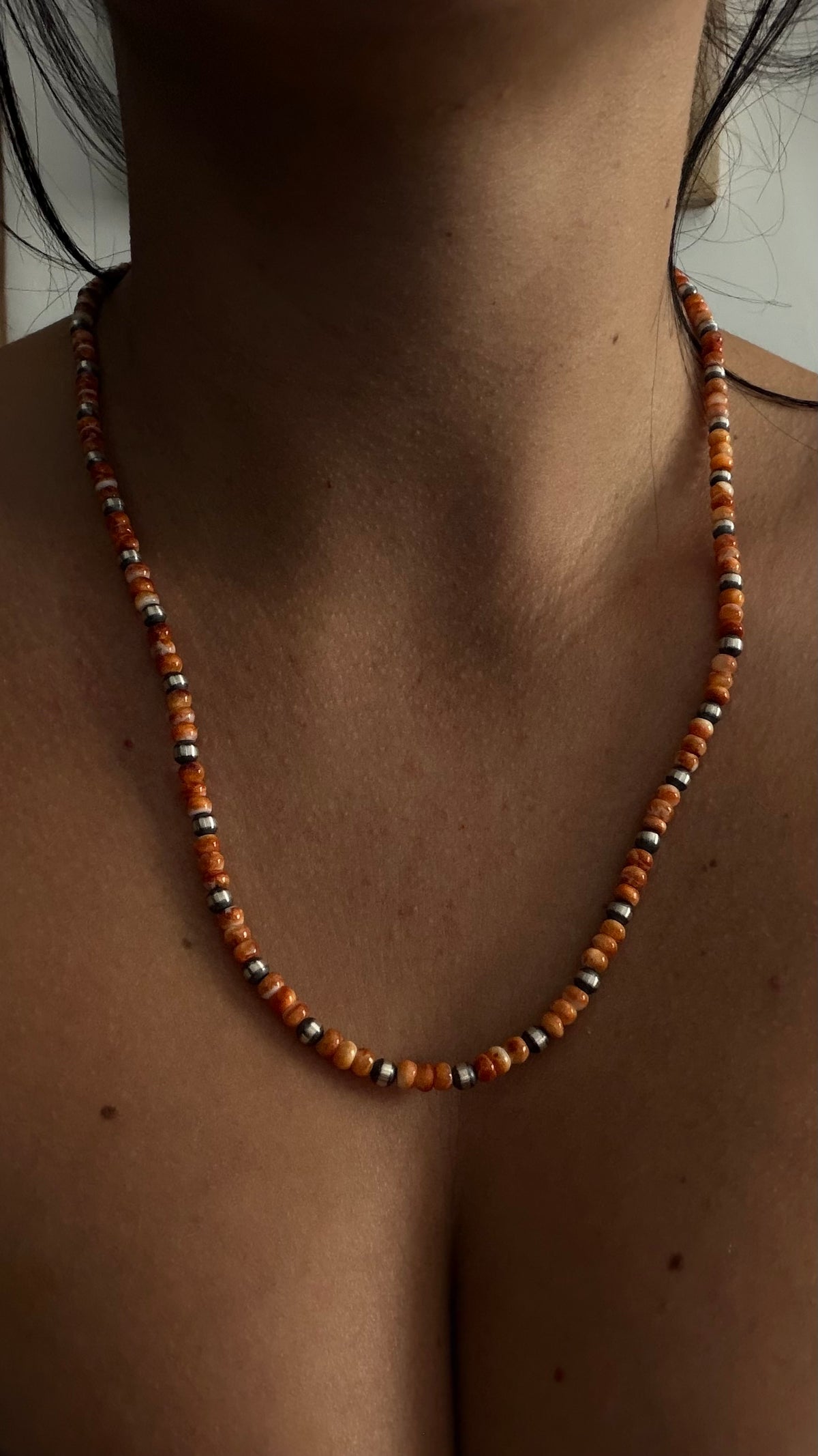 Navajo Strung Spiny Oyster & Sterling Silver Machine Made Pearl Beaded 20” Necklace