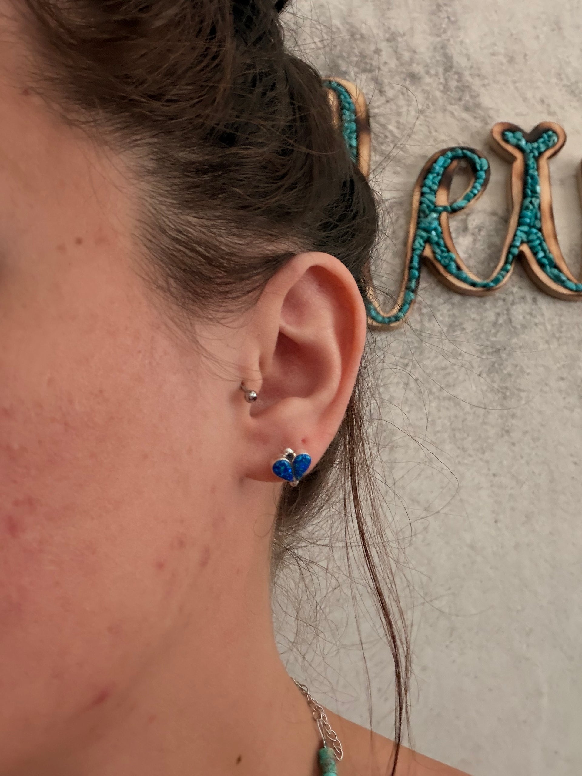Zuni Made Opal (Man Made) & Sterling Silver Post Heart Earrings