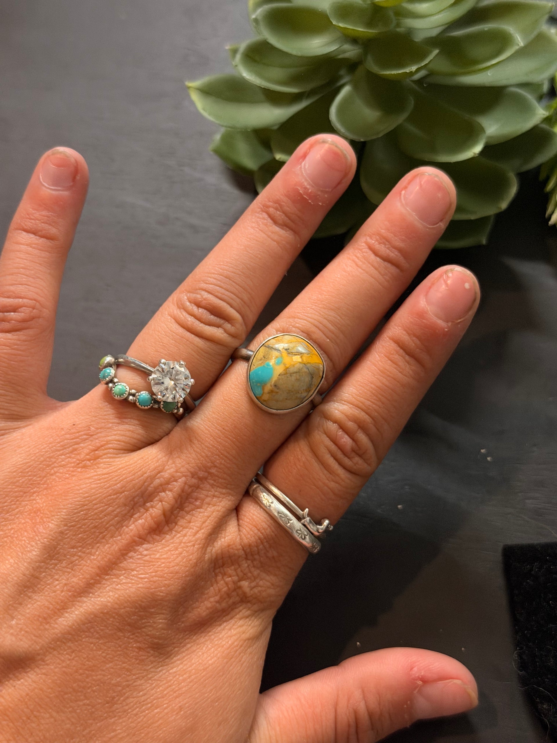 Navajo Made Ribbon Royston Turquoise and Sterling Silver Ring Size 8.25