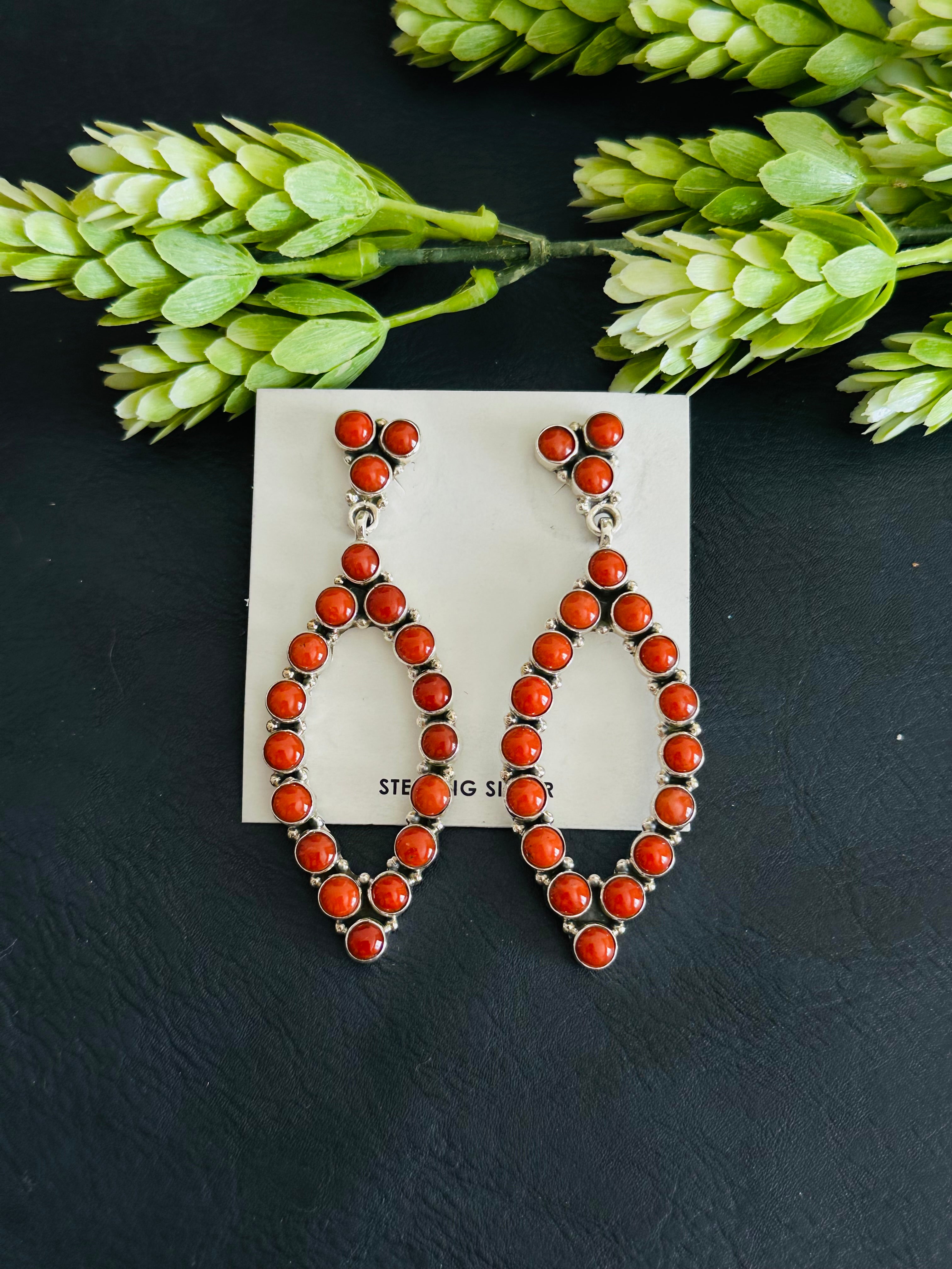 Navajo Made Coral & Sterling Silver Post Dangle Earrings