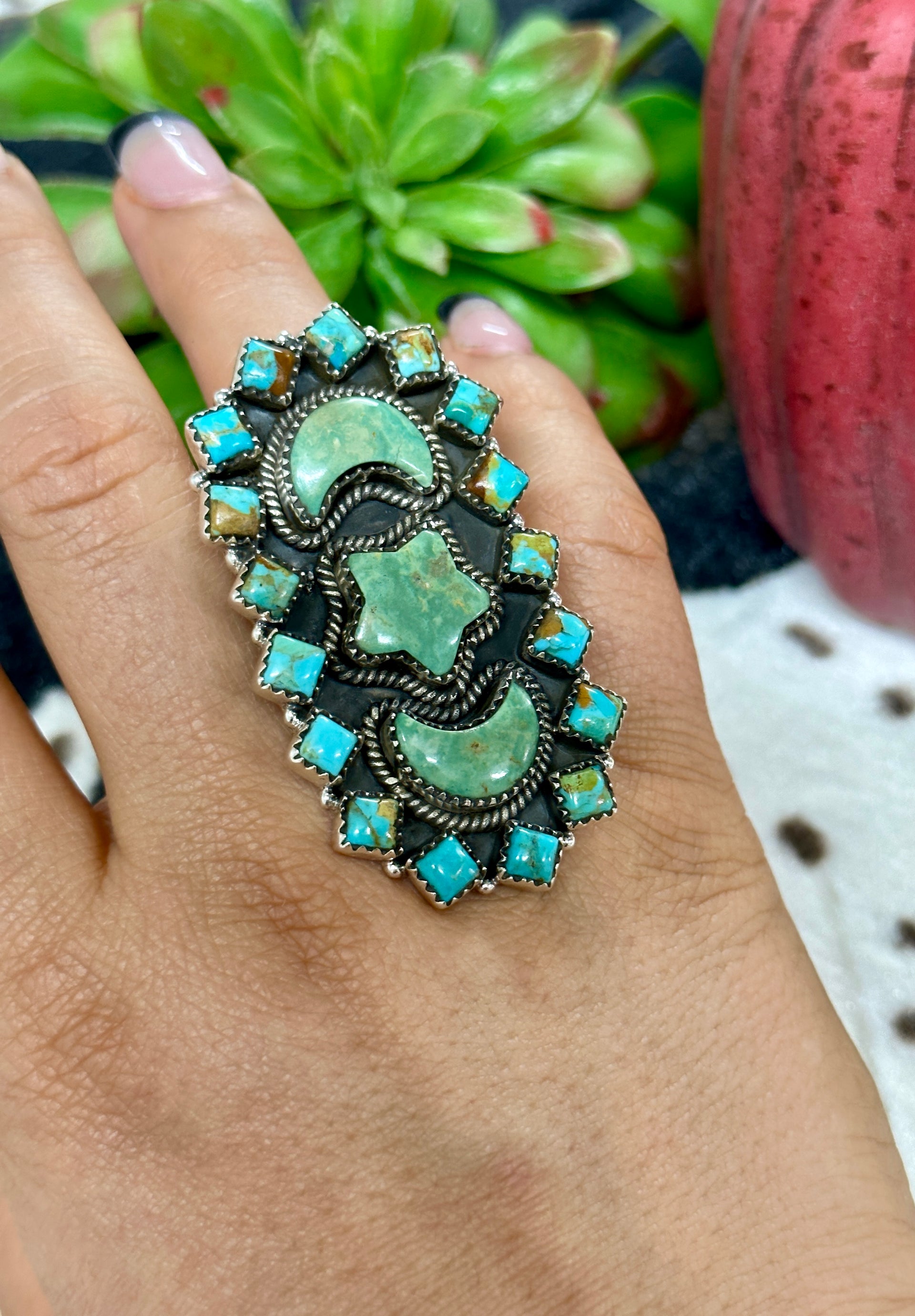 Southwest Handmade Multi Stone & Sterling Silver Cluster Adjustable Ring