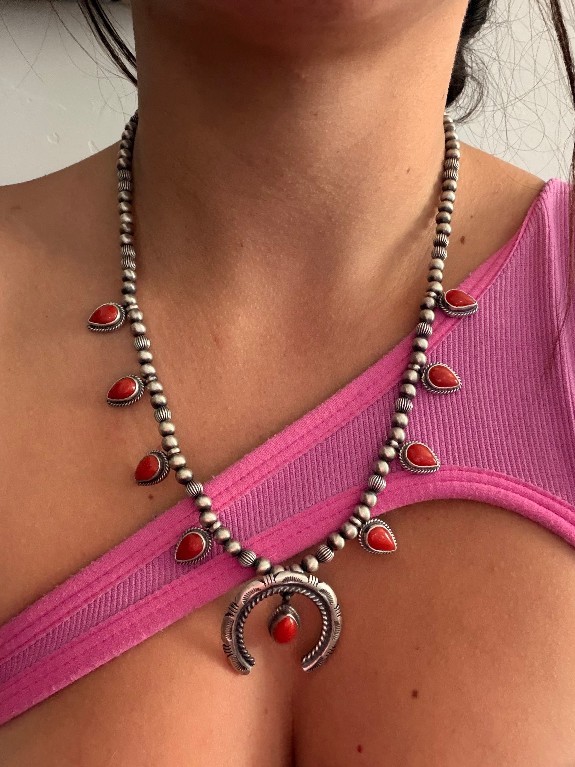 Francis Yazzie Red Coral & Sterling Silver Mini Squash Blossom Necklace Set