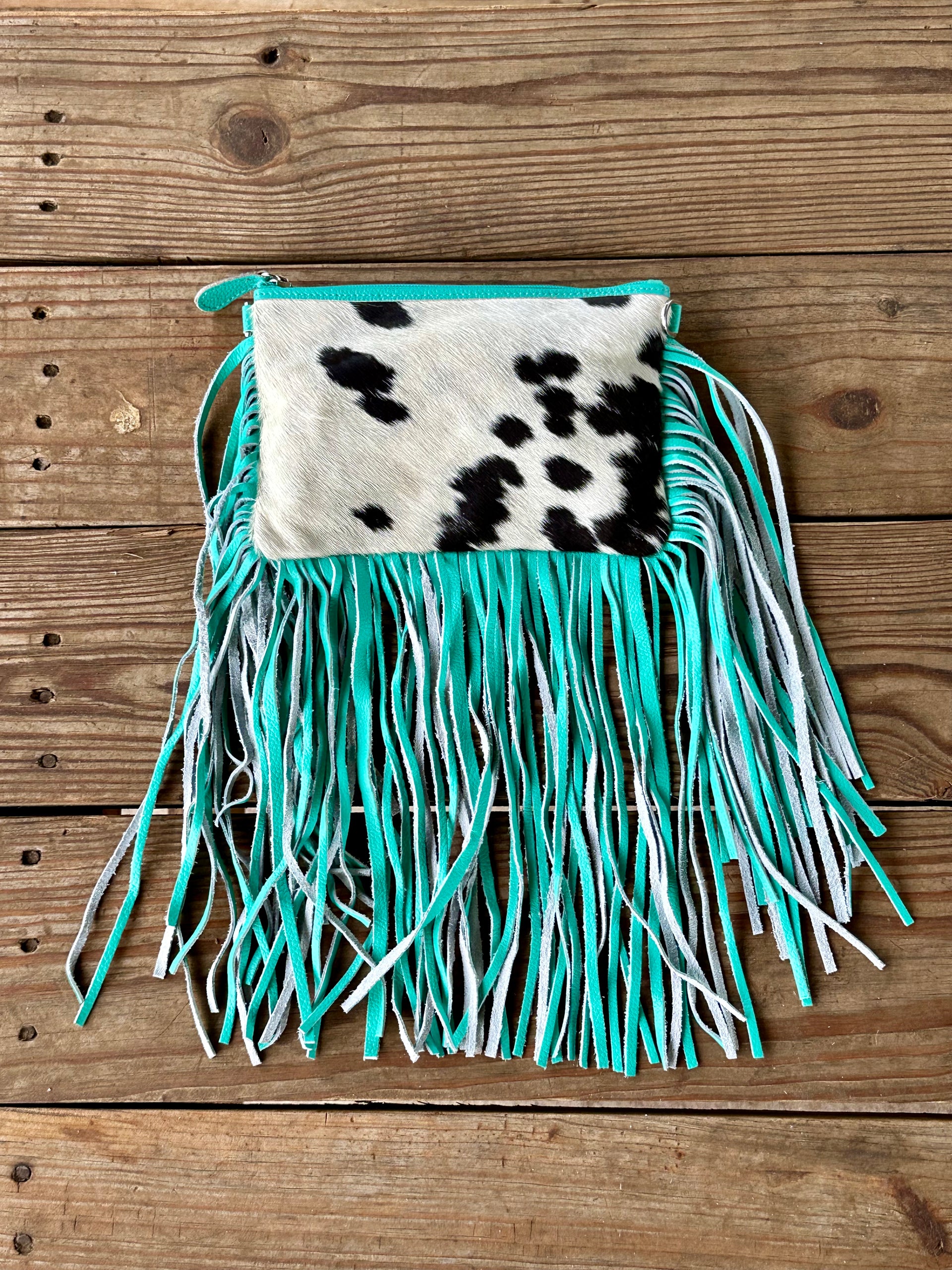 Genuine Leather Cowhide Tooled Cross Body Fringe Purse