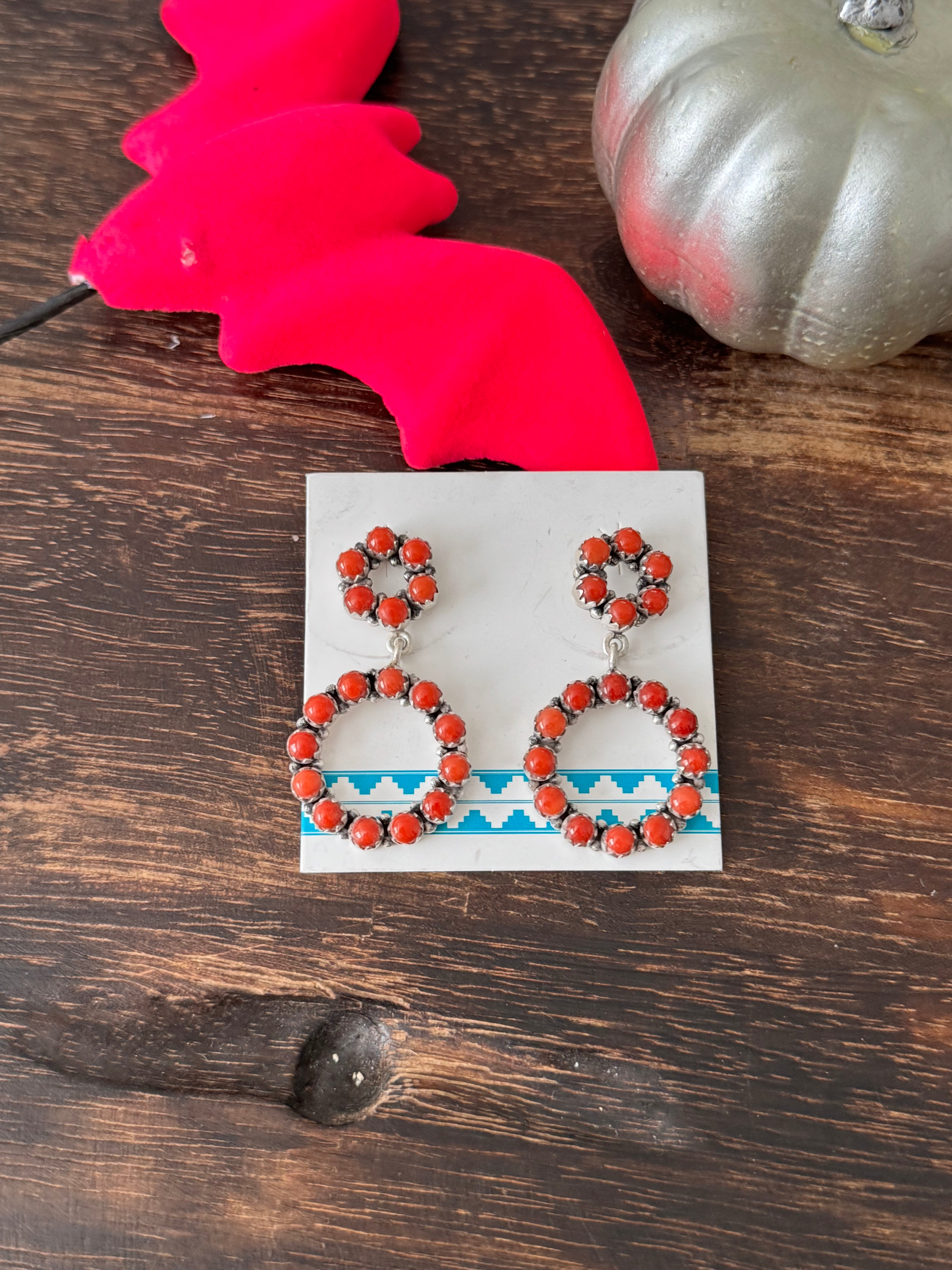 Navajo Made Italian Coral & Sterling Silver Post Dangle Cluster Earrings