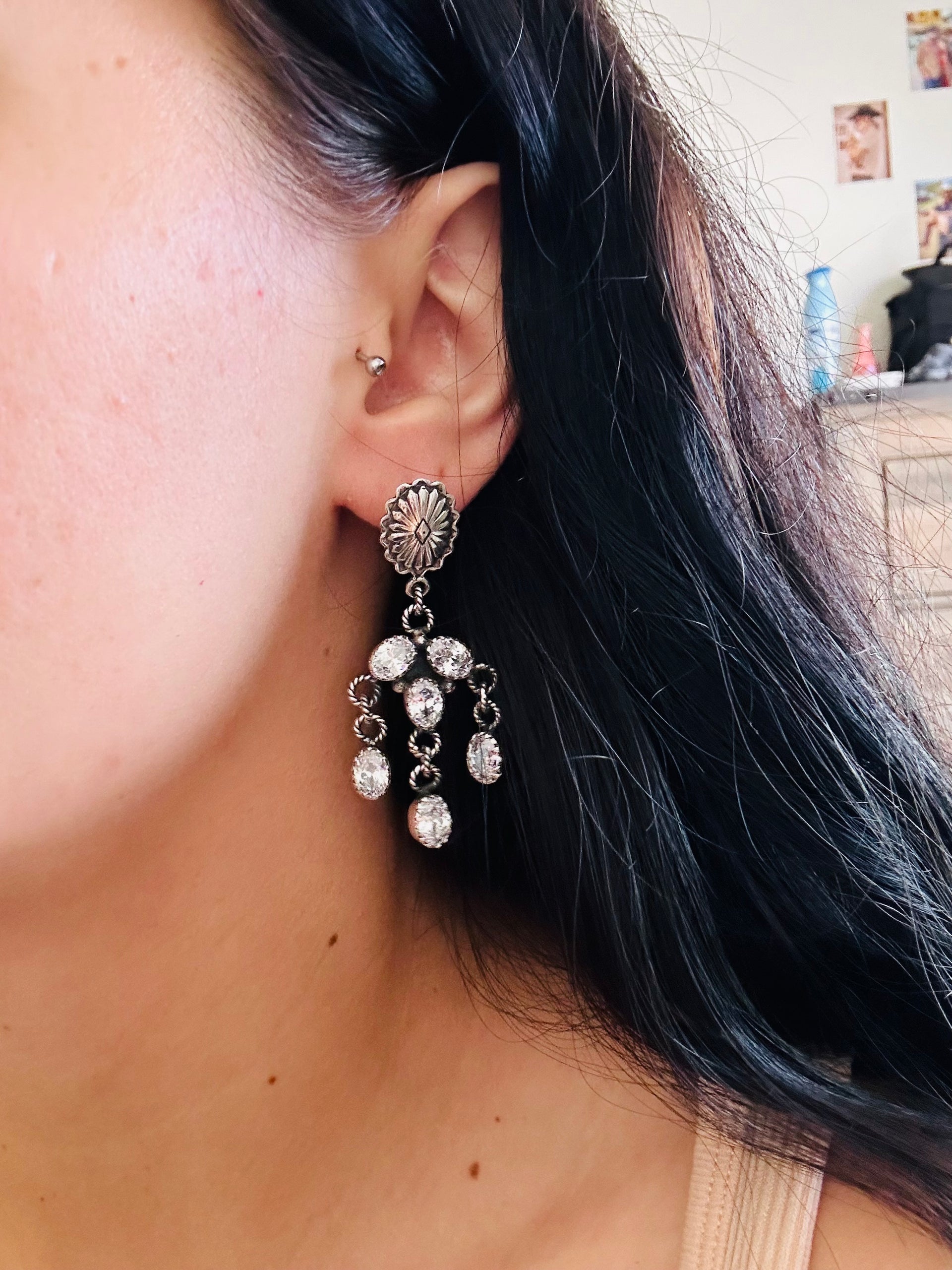 Southwest Handmade Cubic Zirconia & Sterling Silver Post Dangle Earrings