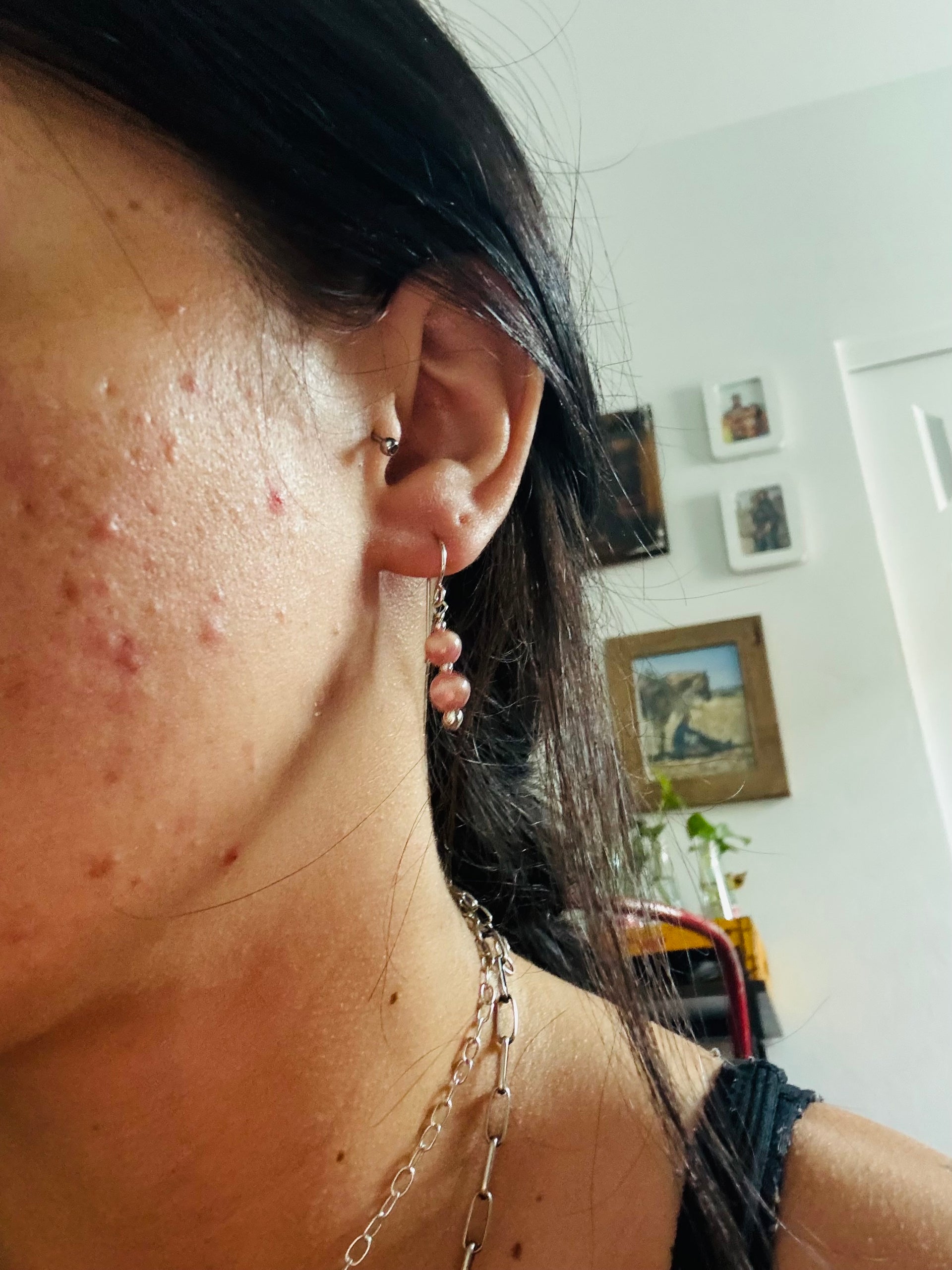 Navajo Made Rhodochrosite & Sterling Silver Dangle Earrings