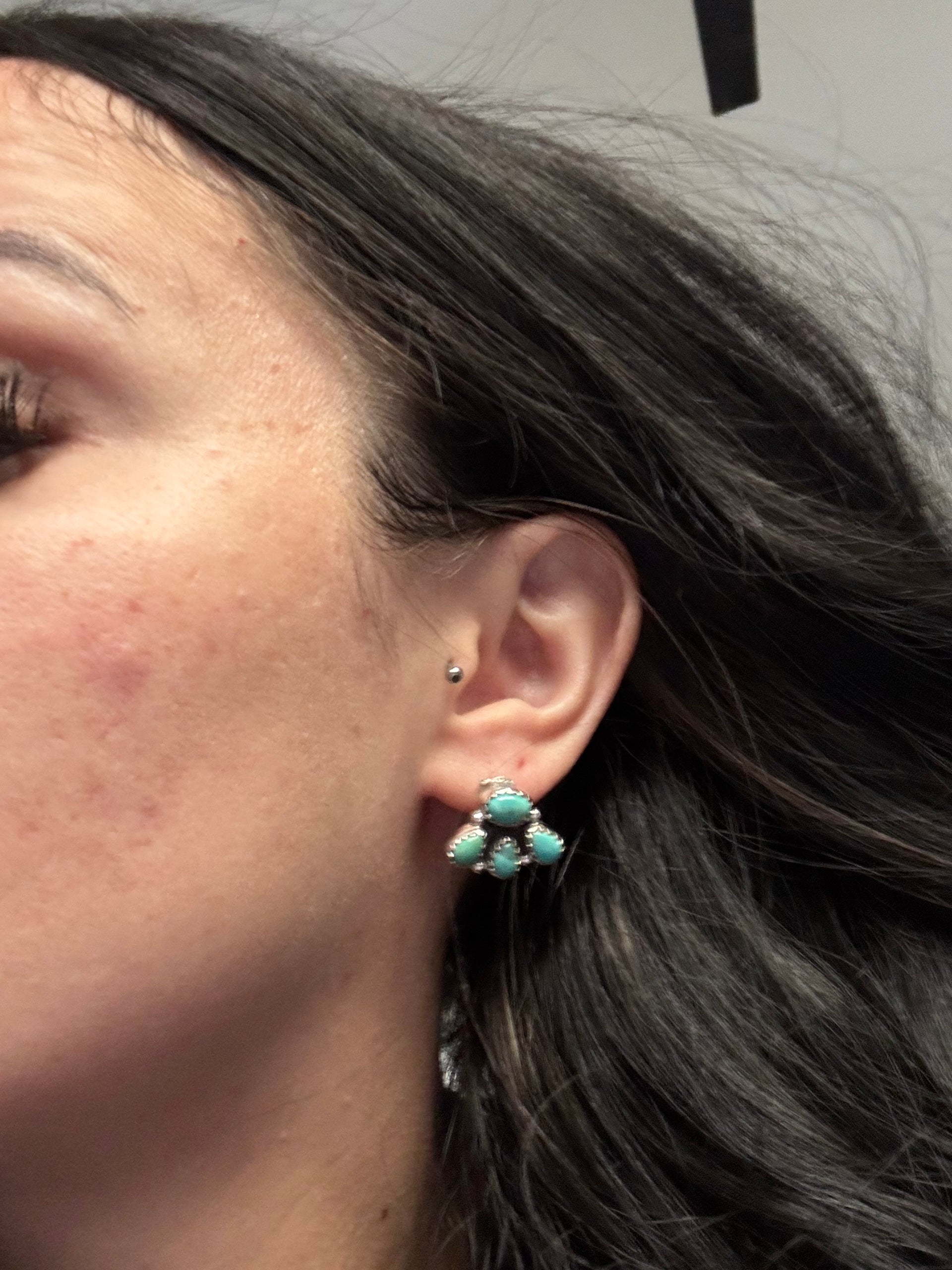 Southwest Handmade Kingman Turquoise & Sterling Silver Post Cluster Earrings