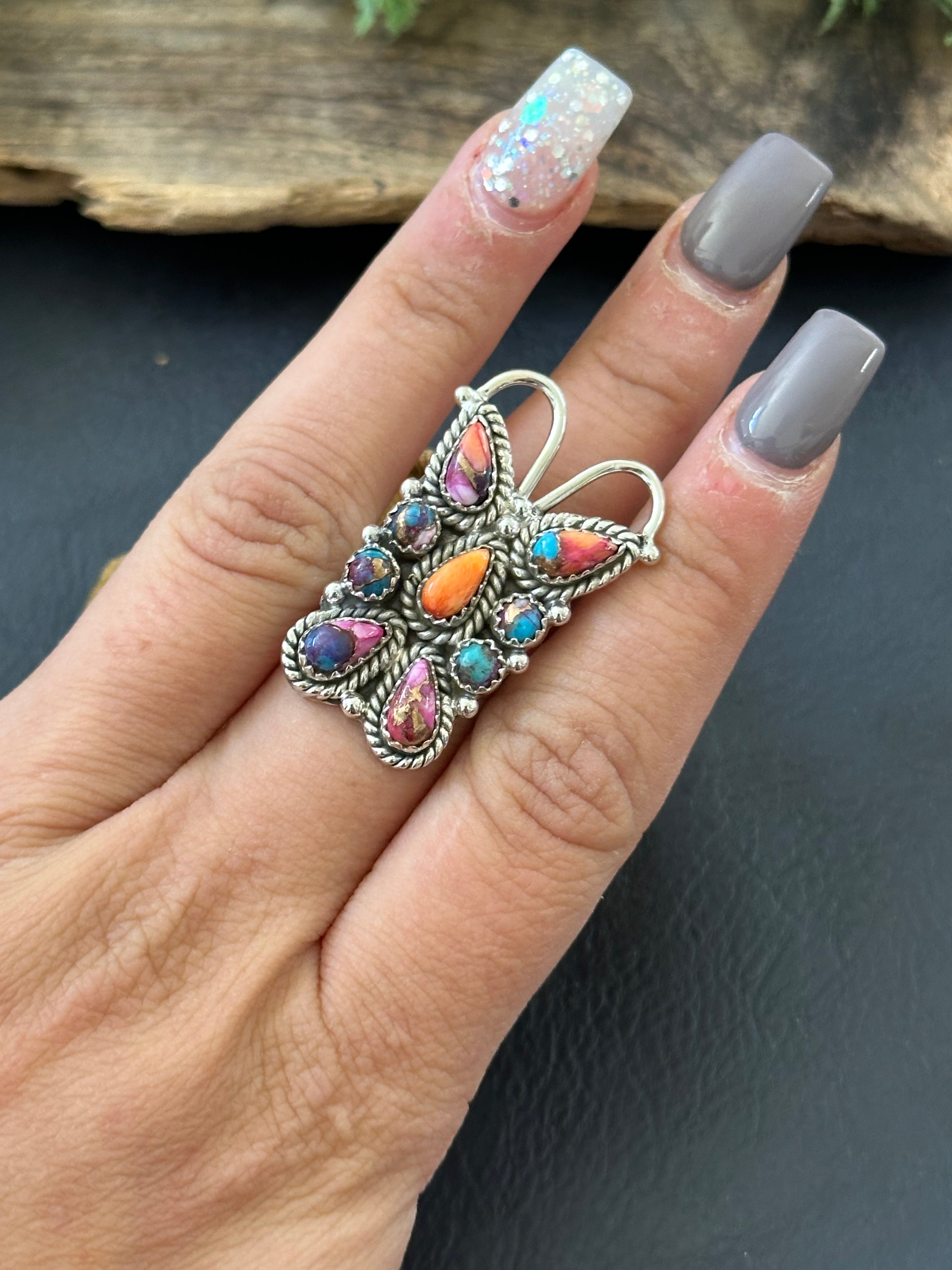TTD “K’aalógii” Mohave Turquoise & Sterling Silver Adjustable Cluster Ring