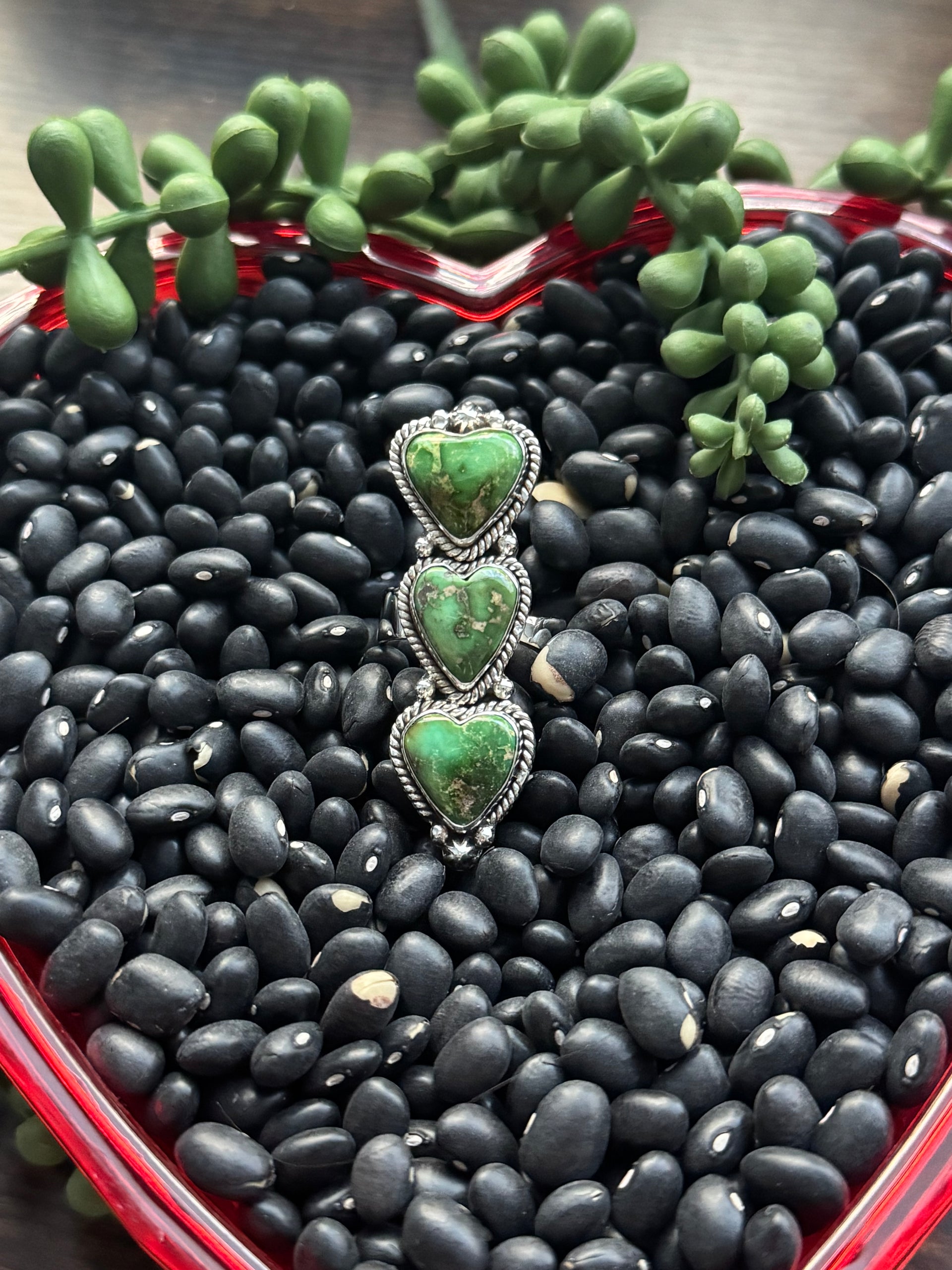 Southwest Handmade Sonoran Mountain Turquoise & Sterling Silver Adjustable Cluster Triple Heart Ring