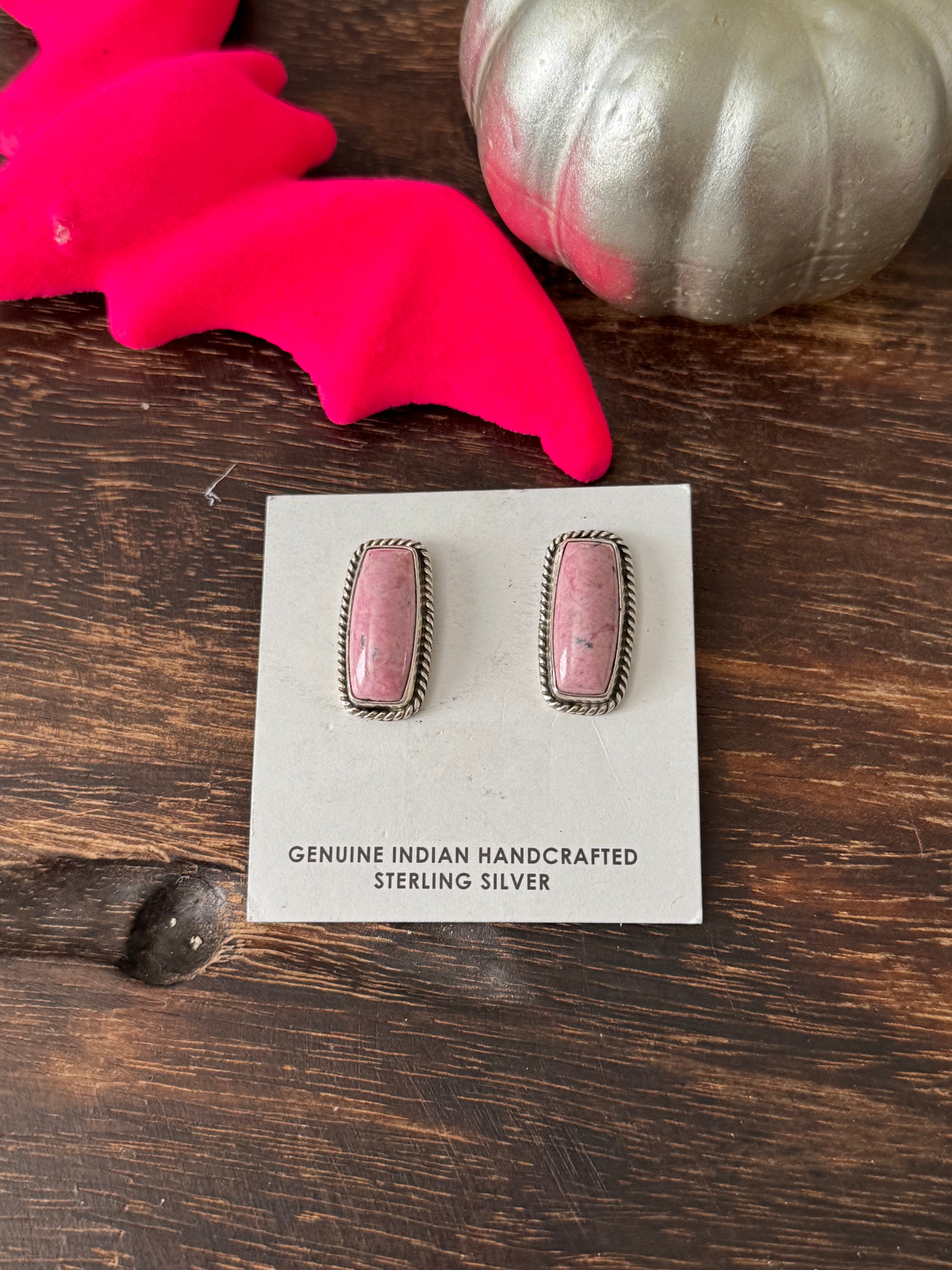 Navajo Made Rhodochrosite & Sterling Silver Post Earrings