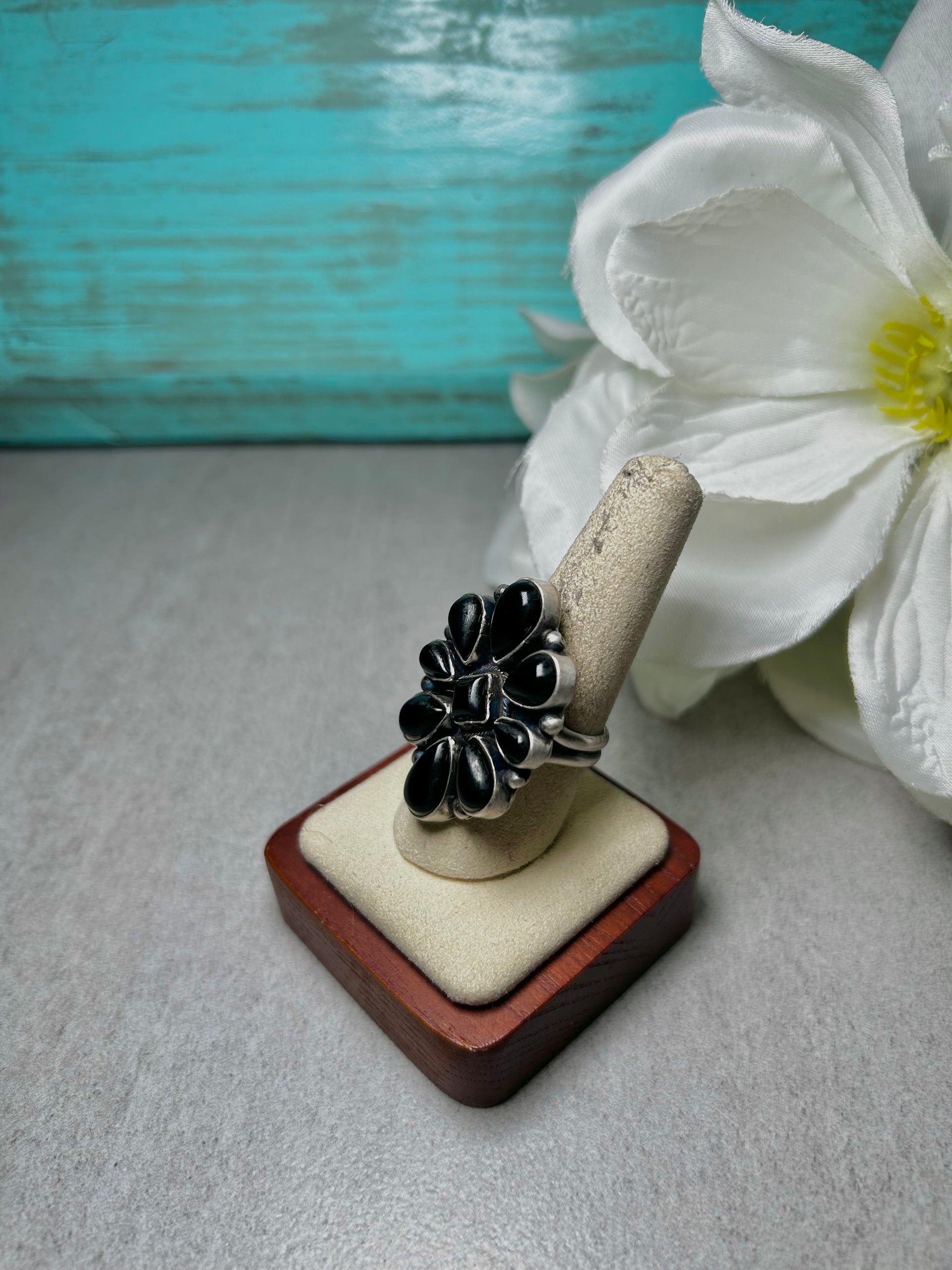 Navajo Made Onyx & Sterling Silver Adjustable Ring