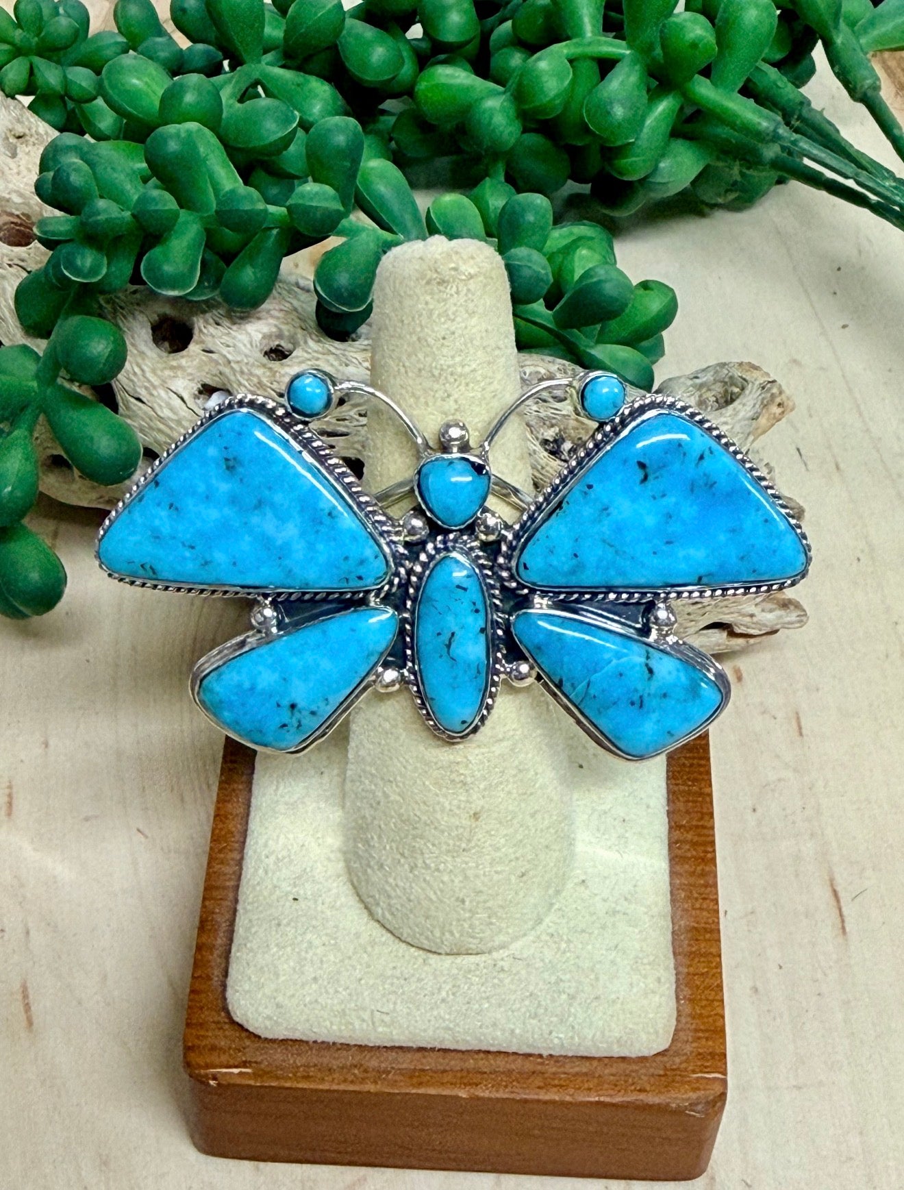 Southwest Handmade Kingman Turquoise & Sterling Silver Butterfly Ring Size 7