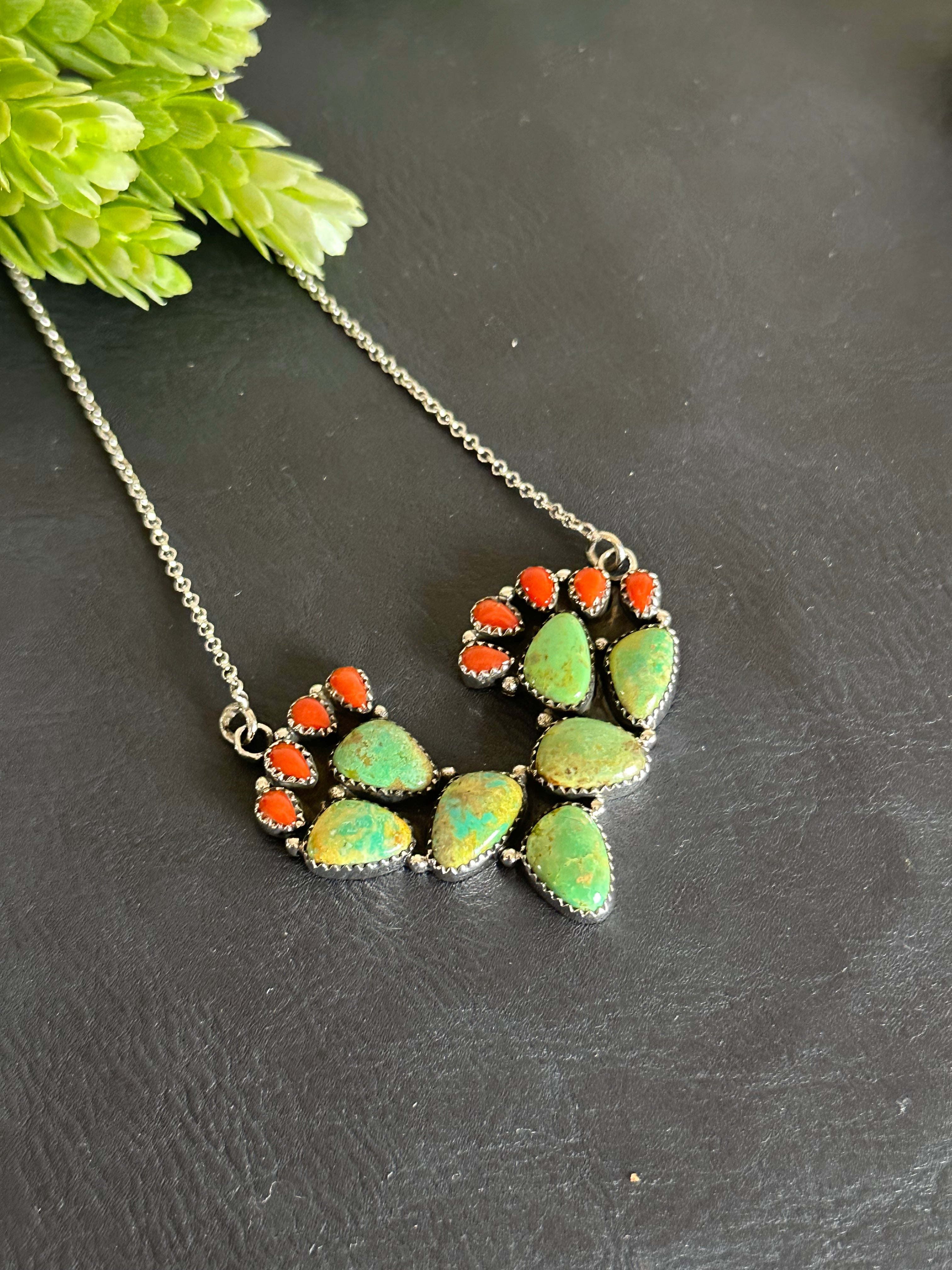 Southwest Handmade Multi Stone & Sterling Silver Cactus Necklace