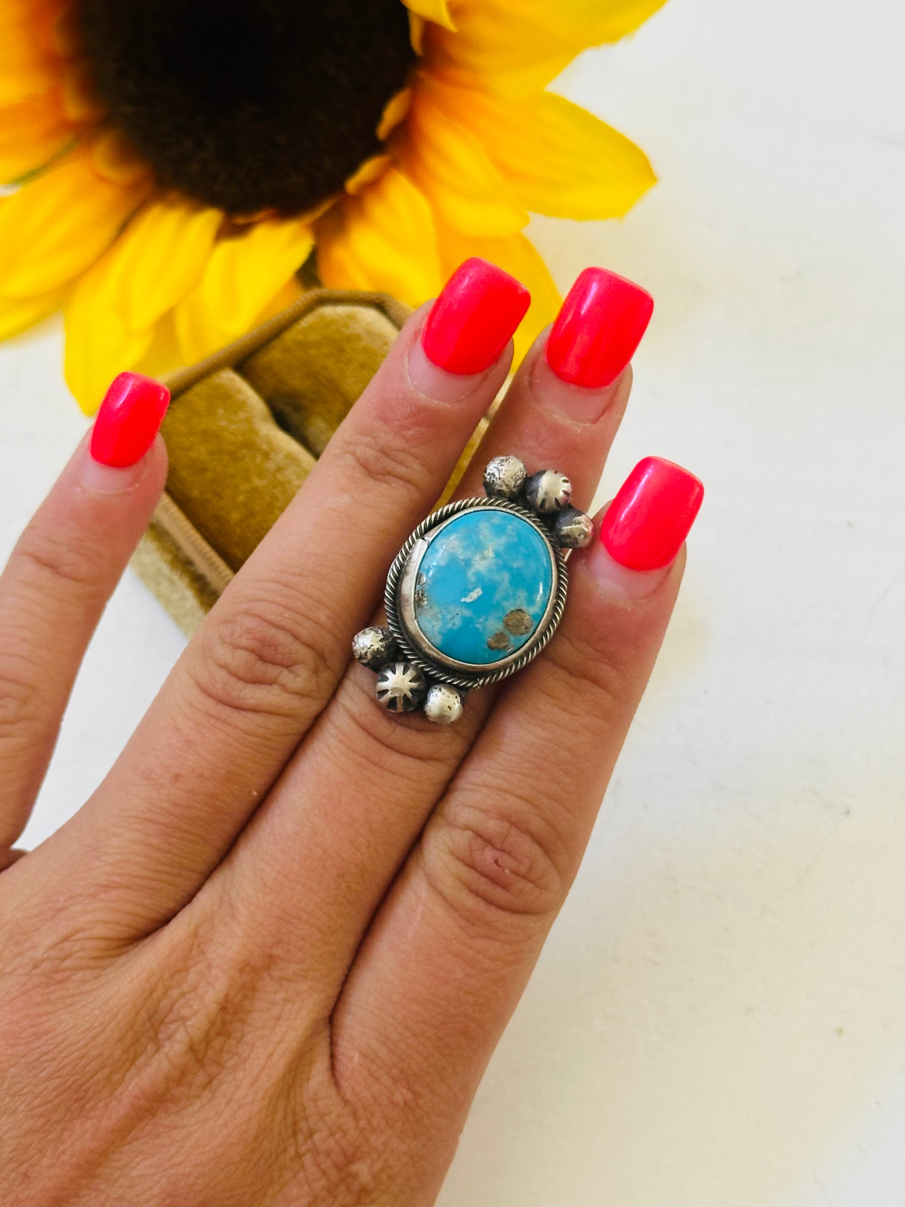 Navajo Made Kingman Turquoise & Sterling Silver Ring Size 4.75