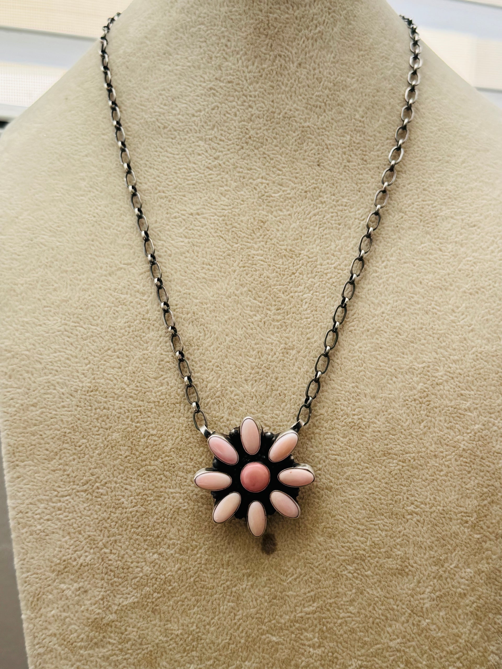 Linda Yazzie Pink Conch and Sterling Silver Cluster Necklace