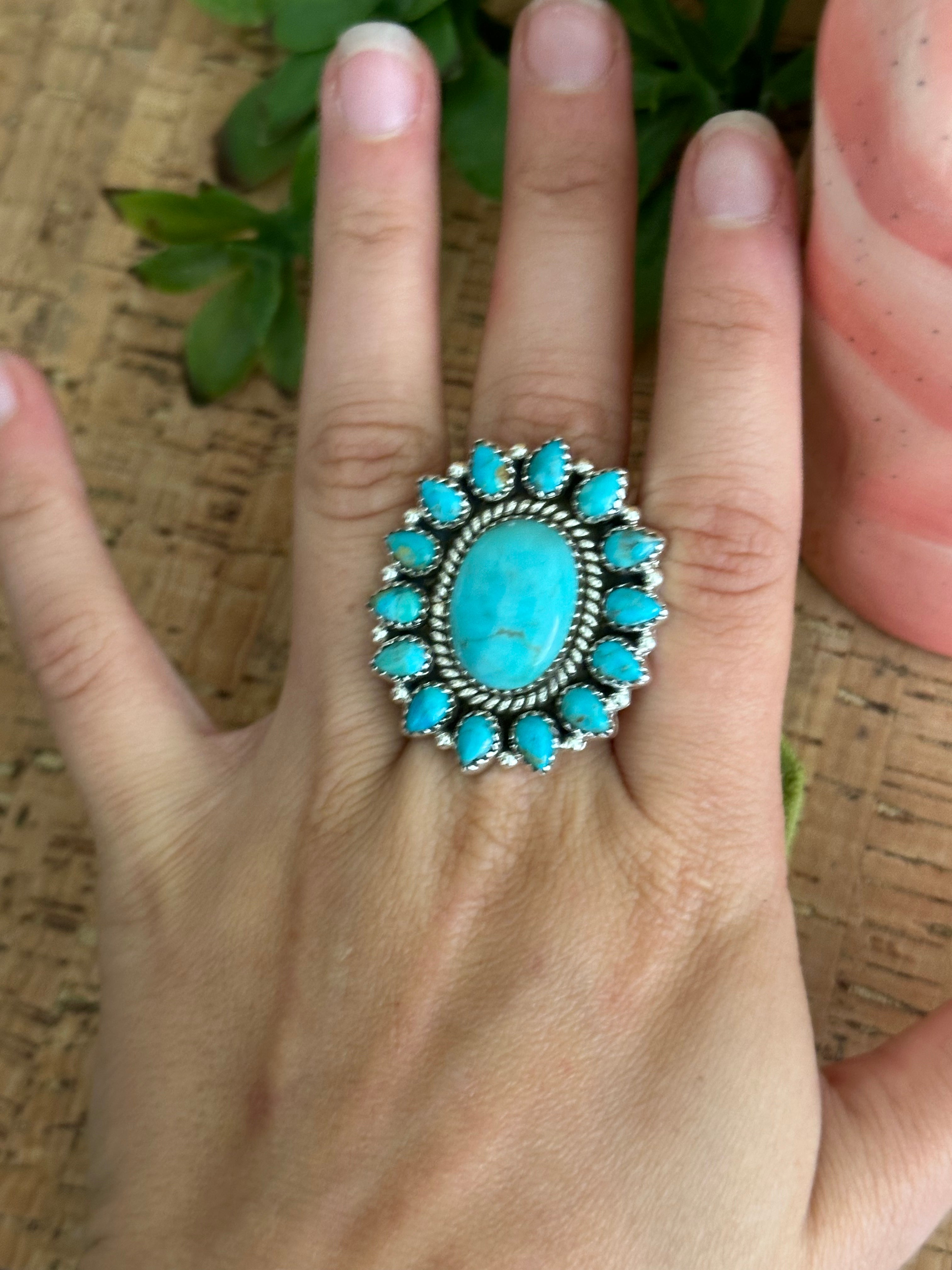 Southwest Handmade Kingman Turquoise & Sterling Silver Adjustable Cluster Ring