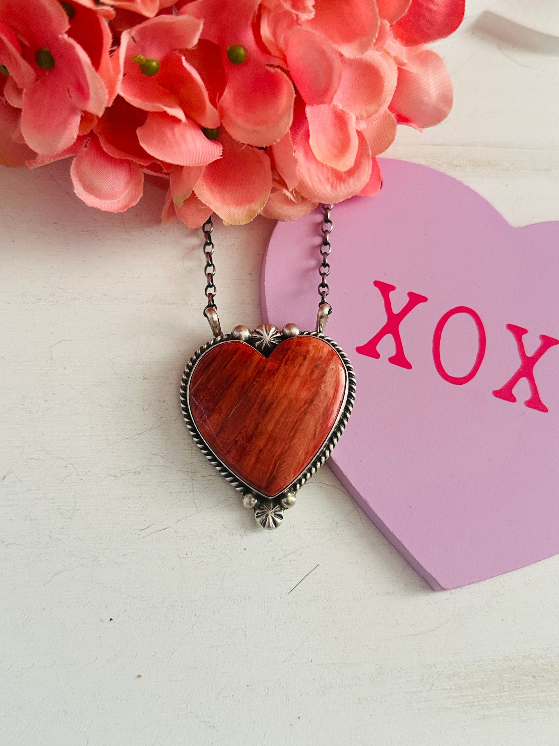 Alfred Martinez Red Spiny Oyster & Sterling Silver Heart Necklace