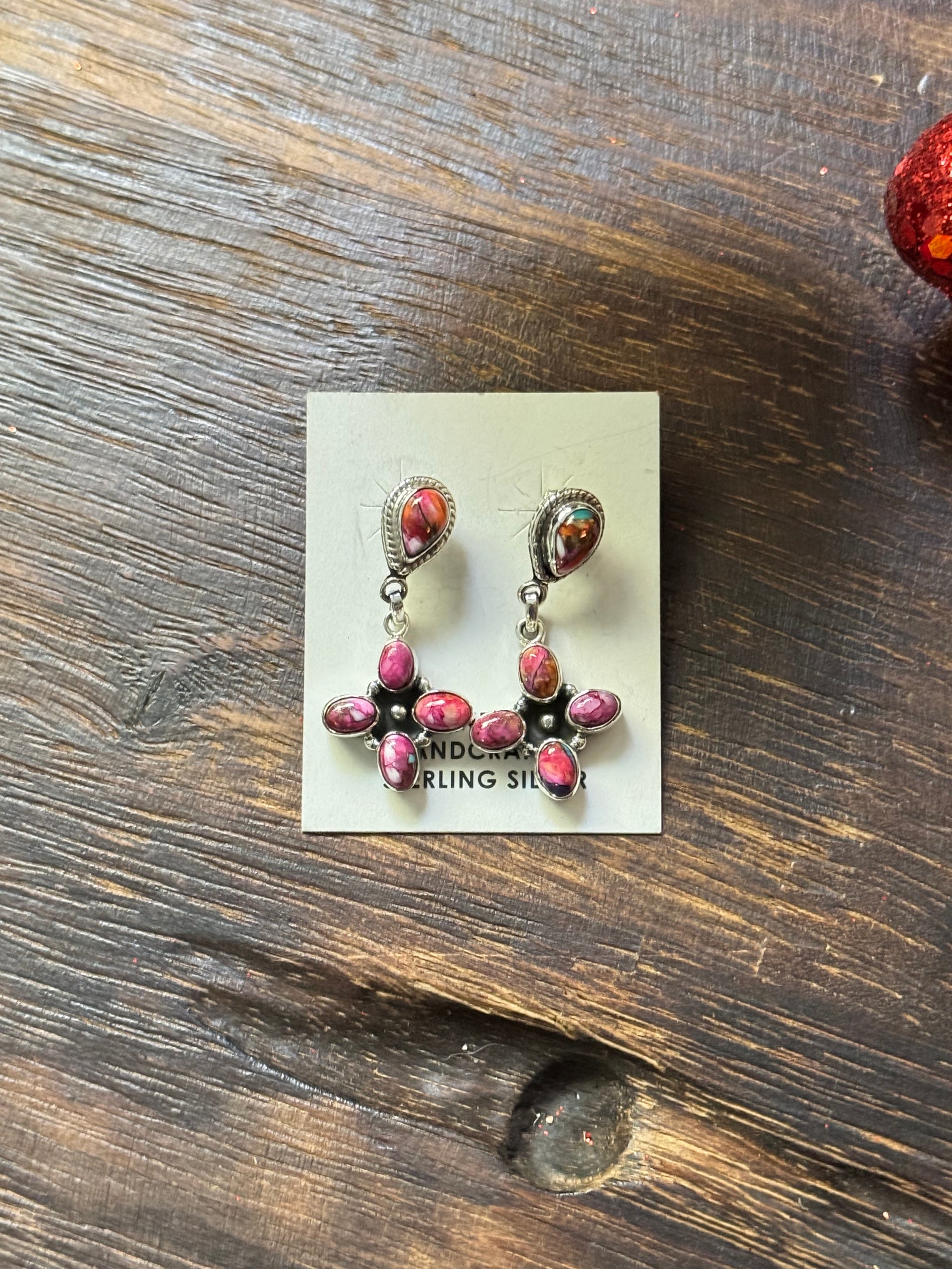 Southwest Handmade Pink Mohave Turquoise & Sterling Silver Post Dangle Cluster Earrings