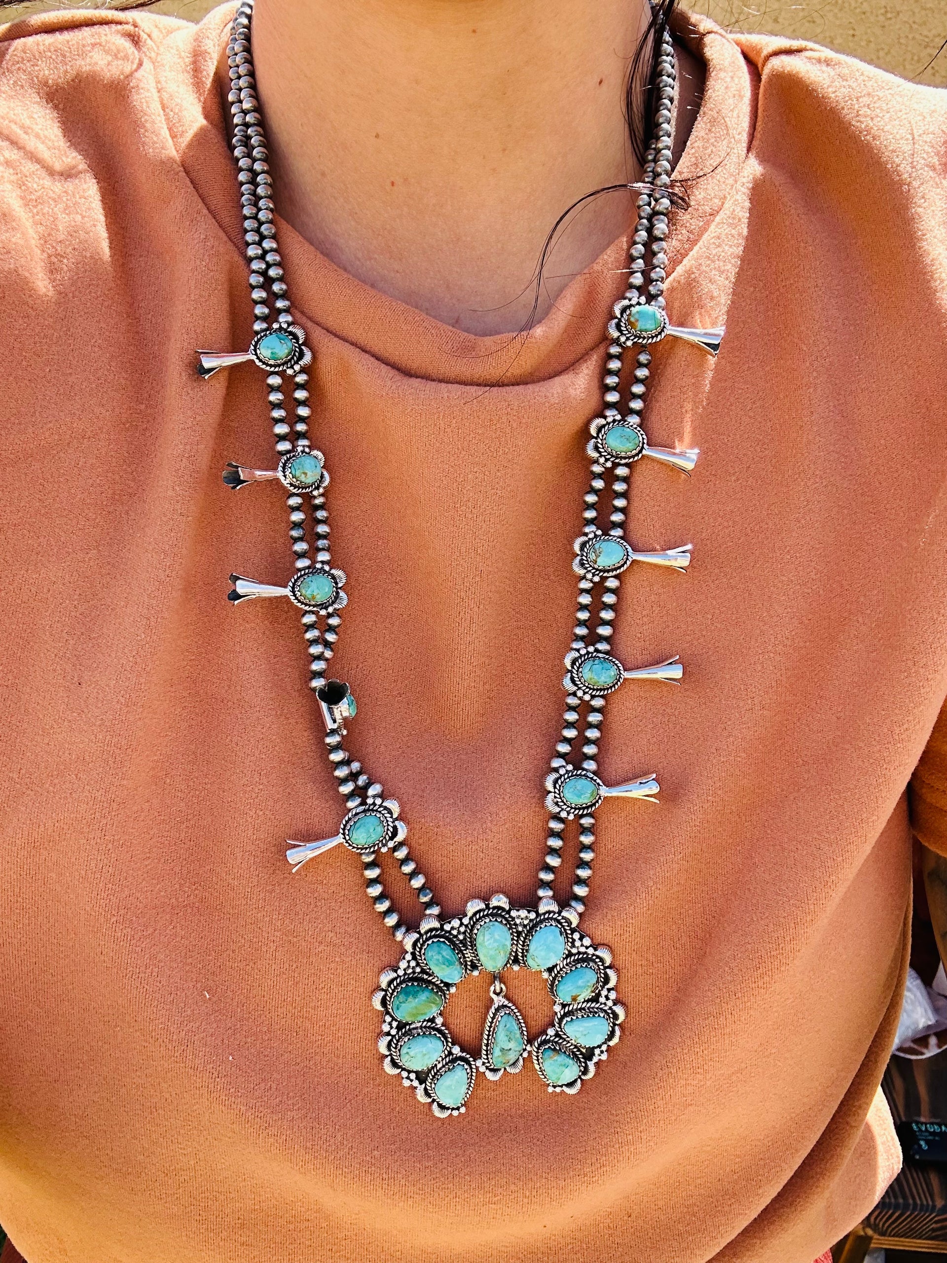 Southwest Handmade Kingman Turquoise & Sterling Silver Squash Blossom