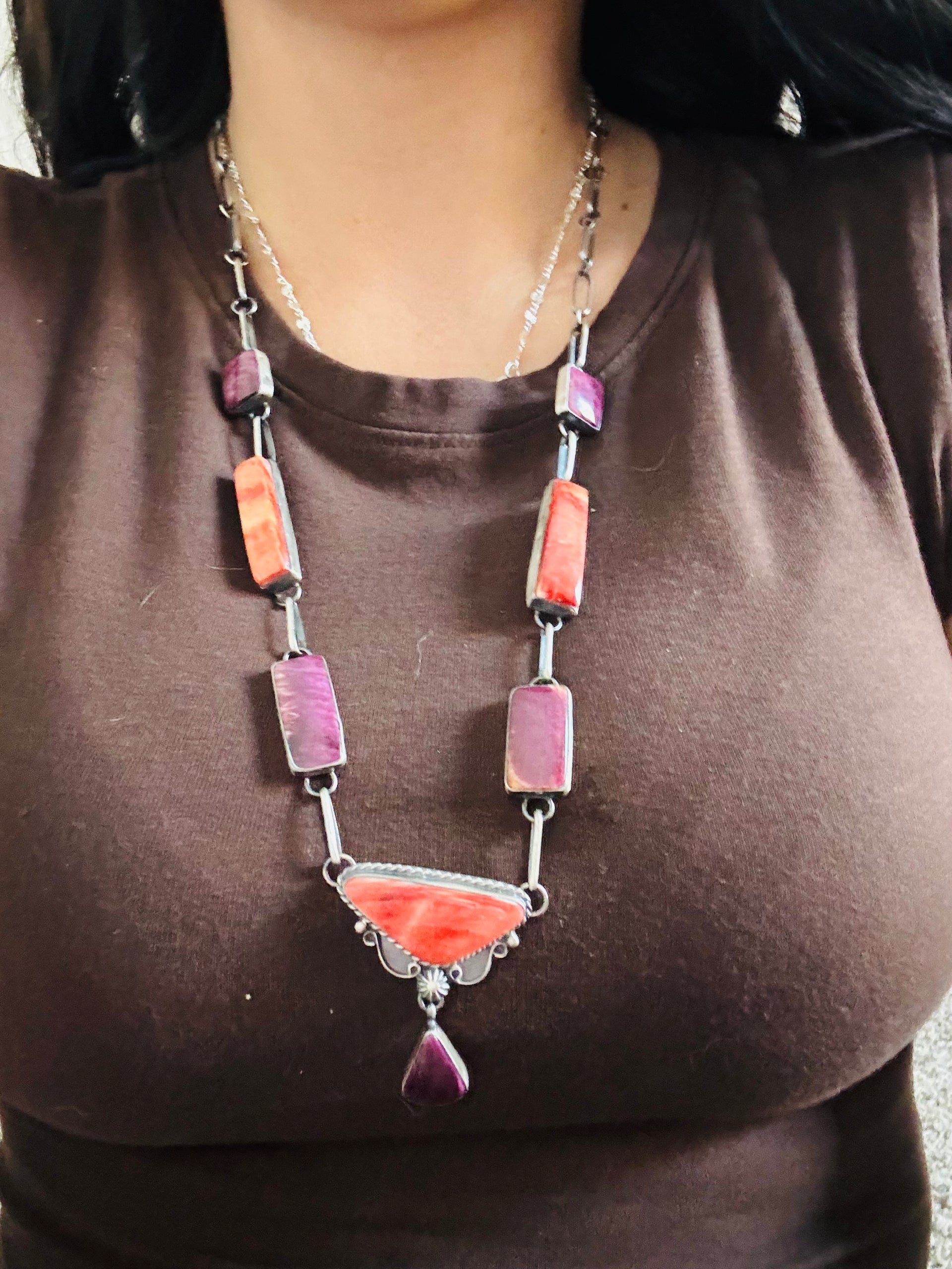 Navajo Made Purple & Red Spiny Oyster & Sterling Silver Necklace Set