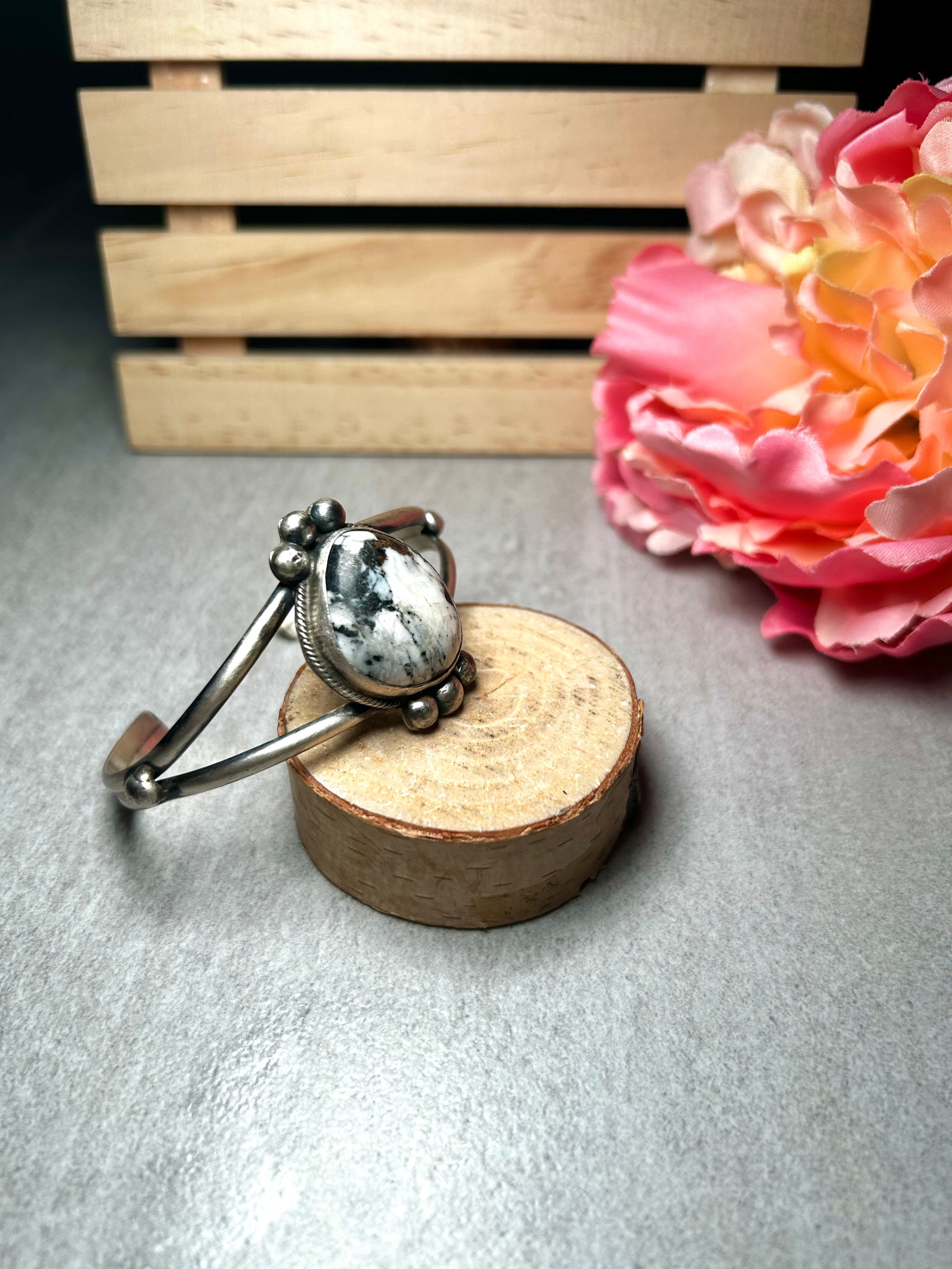 Navajo Made White Buffalo & Sterling Silver Cuff Bracelet