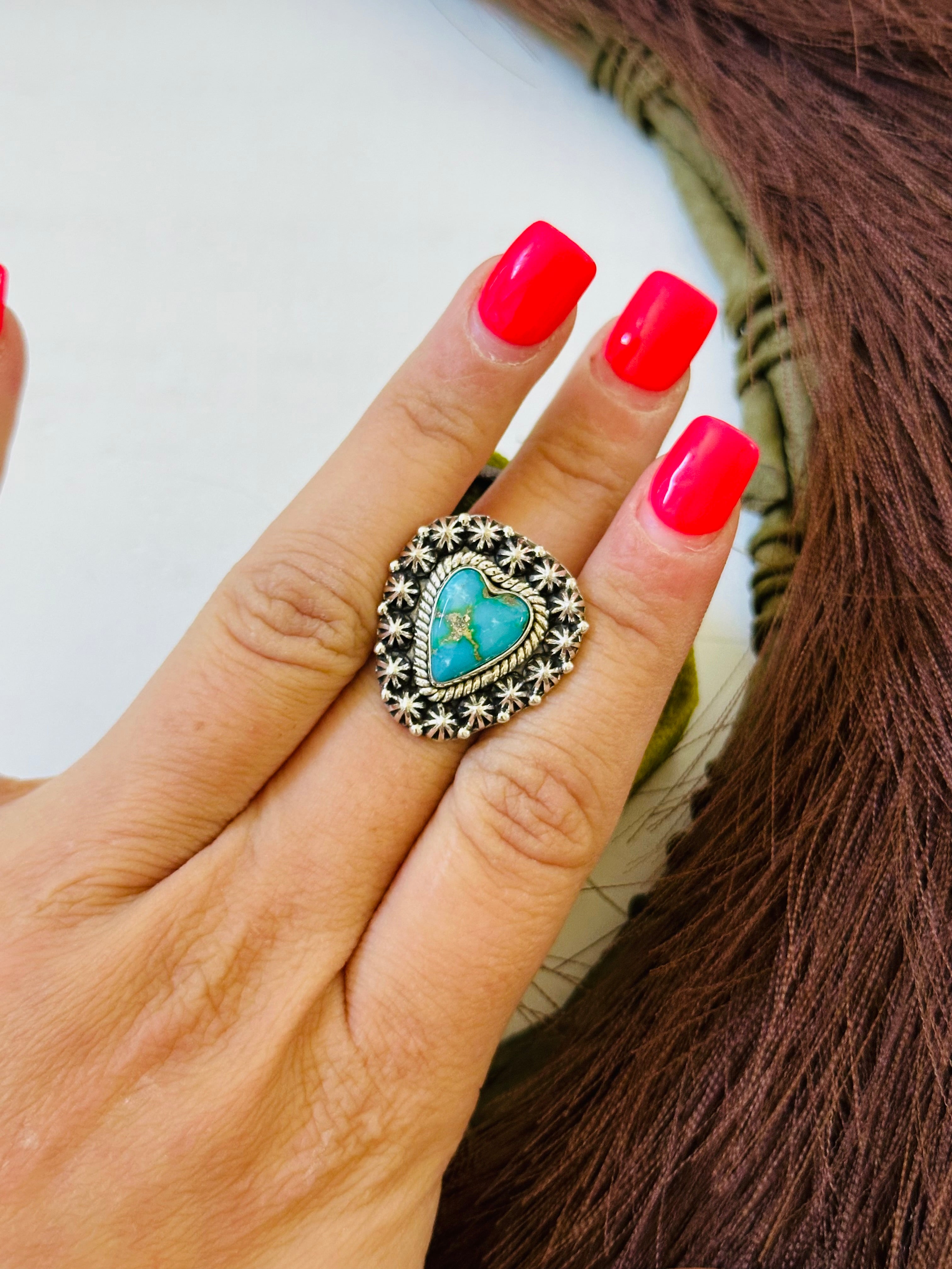 Southwest Handmade Sonoran Mountain Turquoise & Sterling Silver Ring Size 6.75