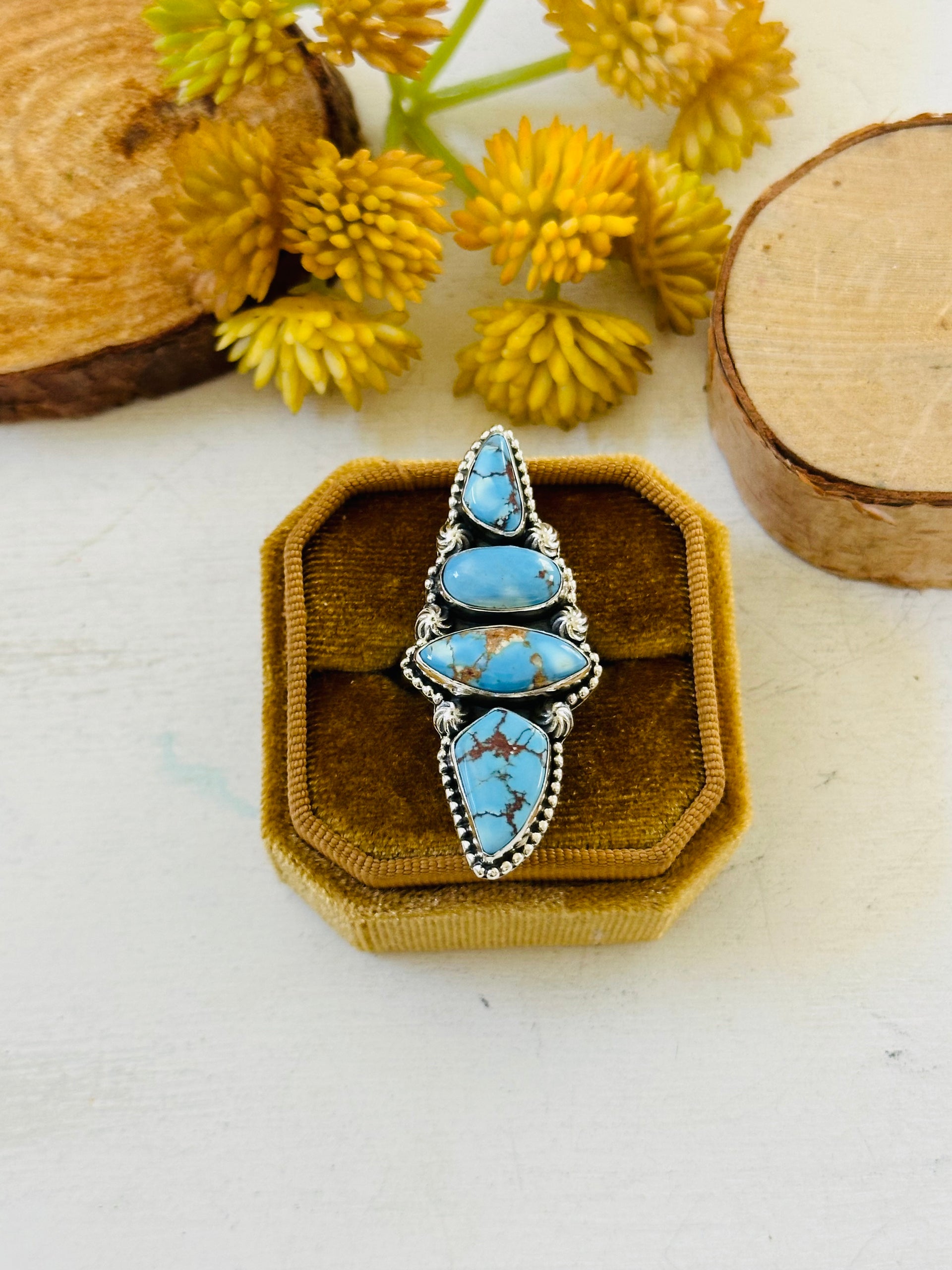 Southwest Handmade Golden Hills Turquoise & Sterling Silver Ring Size 8