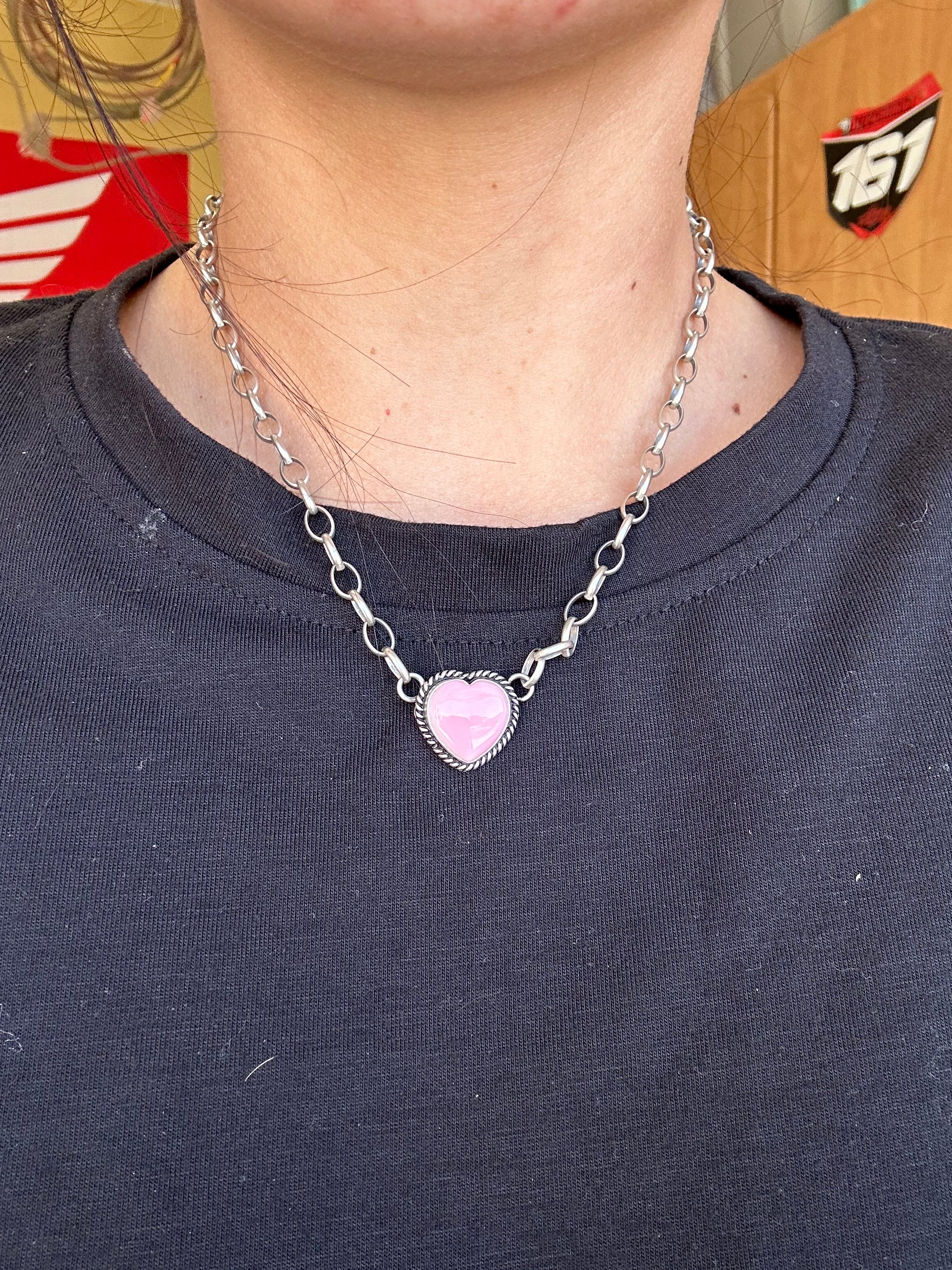 Navajo Made Pink Conch & Sterling Silver Heart Necklace