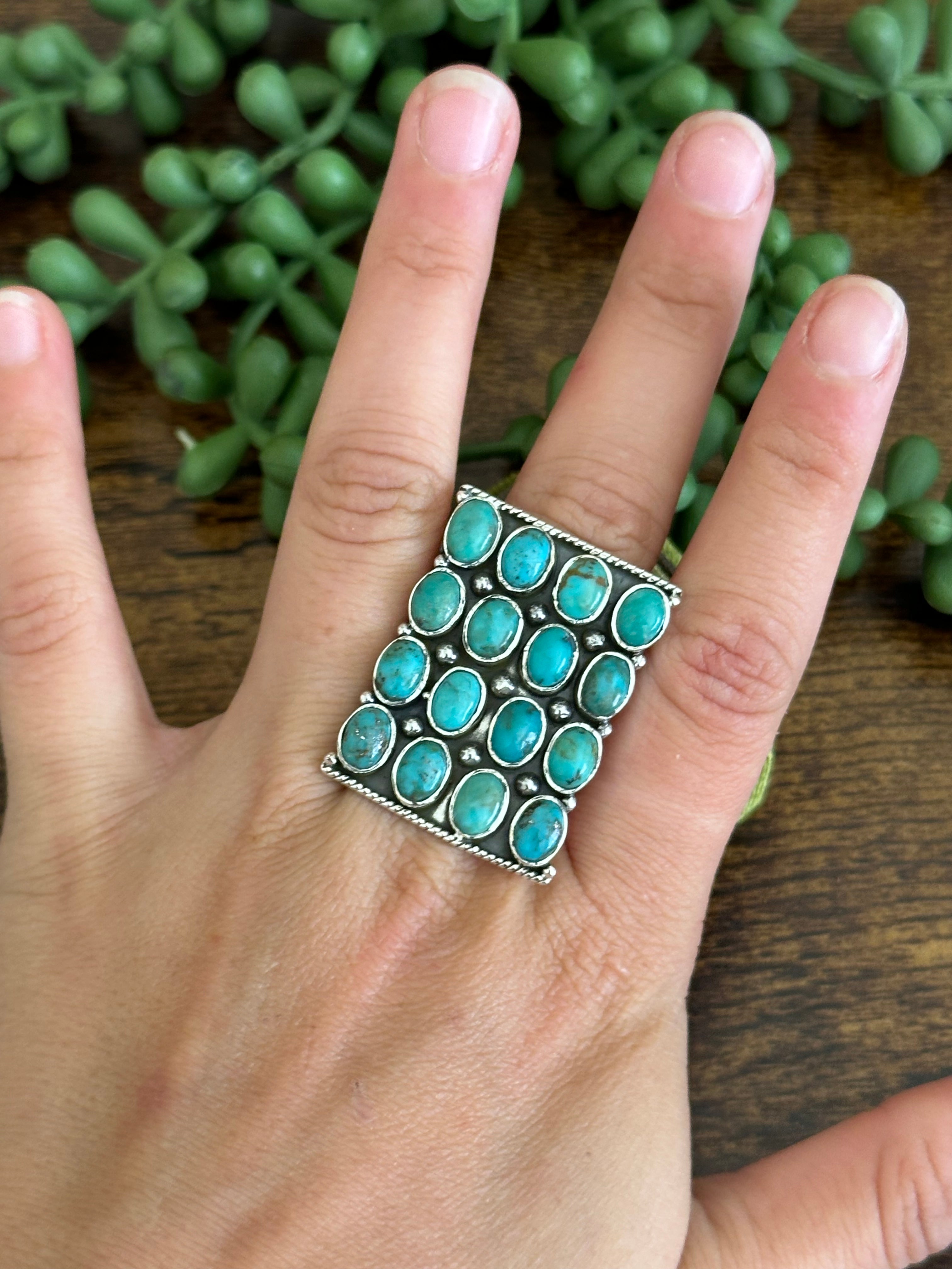 Southwest Handmade Kingman Turquoise & Sterling Silver Adjustable Cluster Ring