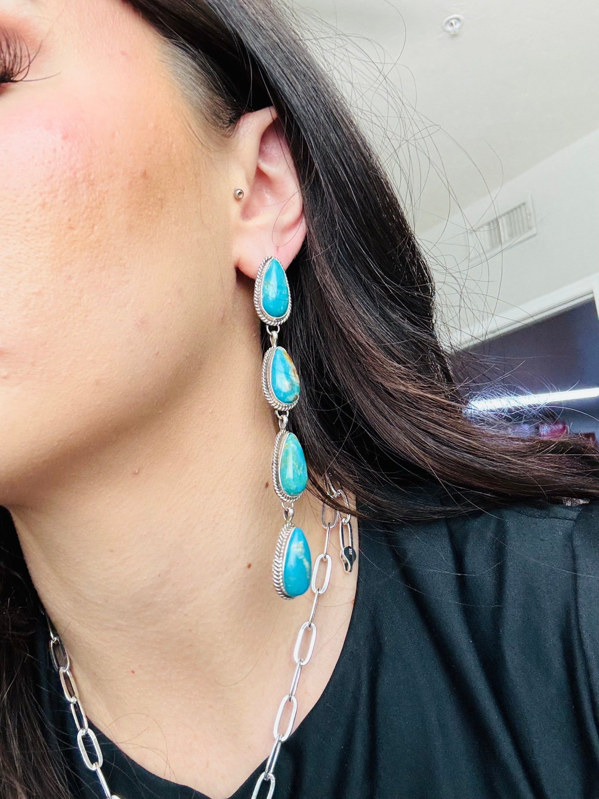 Navajo Made Kingman Turquoise & Sterling Silver Post Earrings