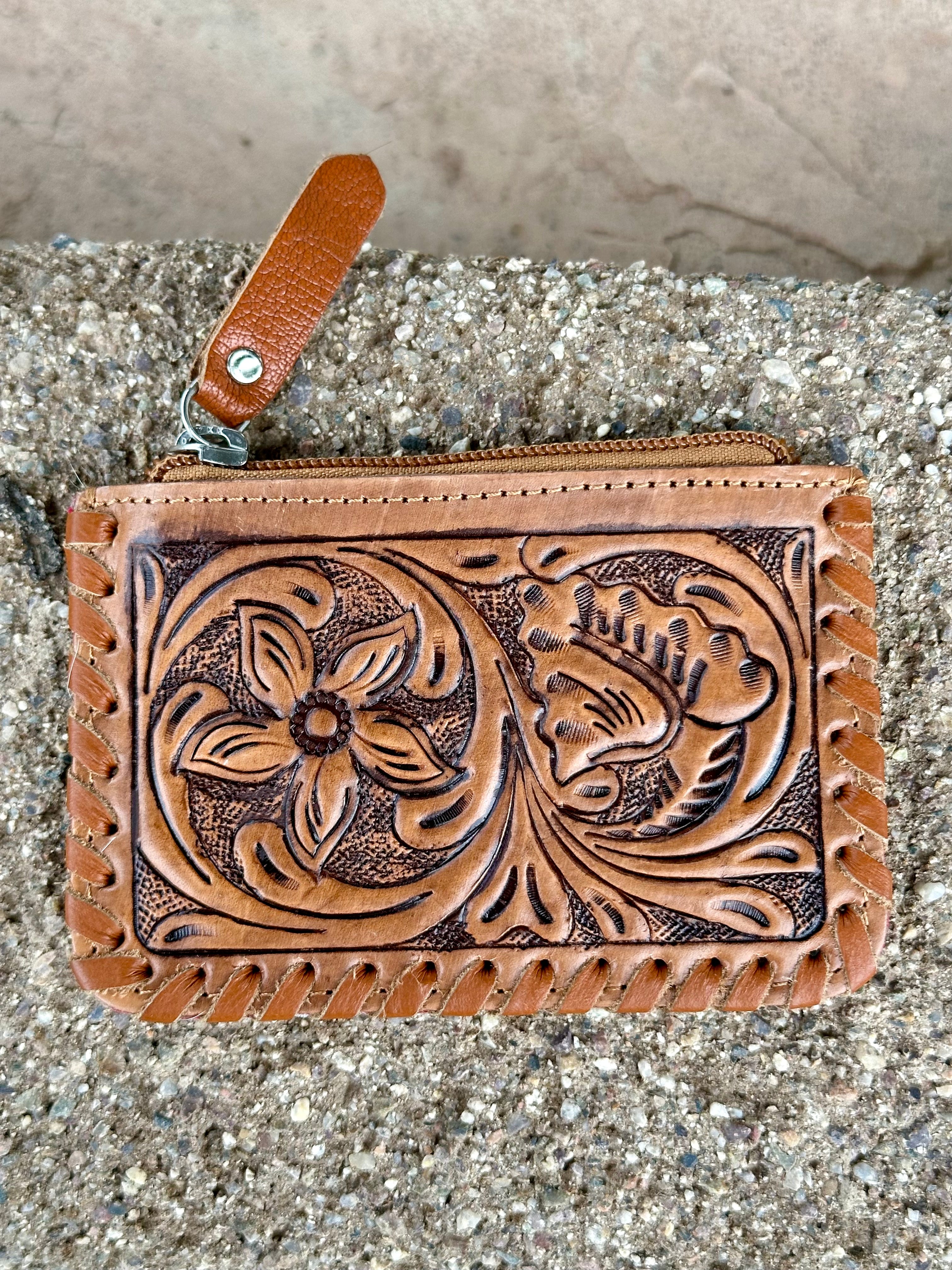 Genuine Tooled Leather Cowhide Coin Bag