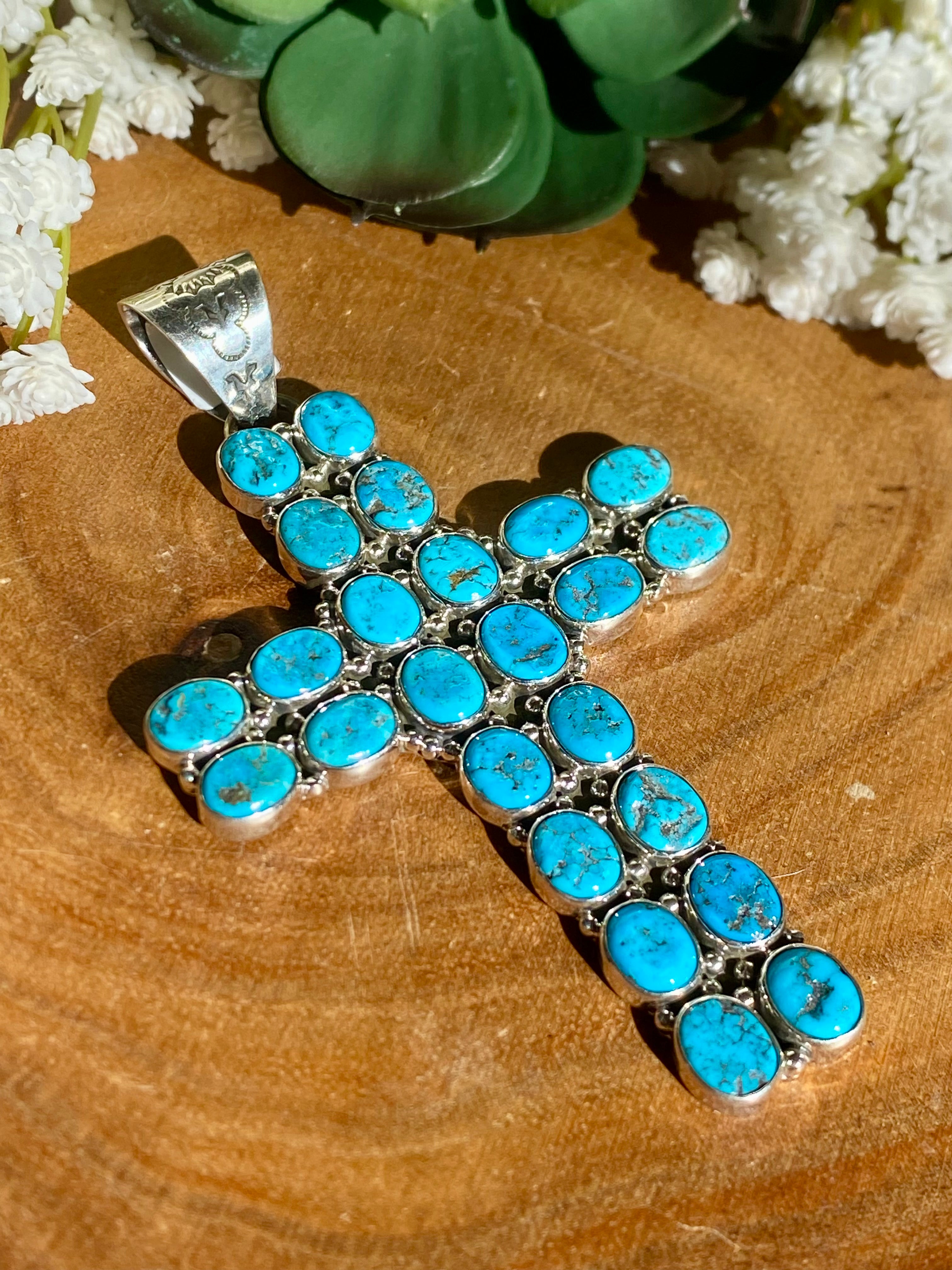 Zia Navajo Made Kingman Turquoise & Sterling Silver Cross PENDANT ONLY