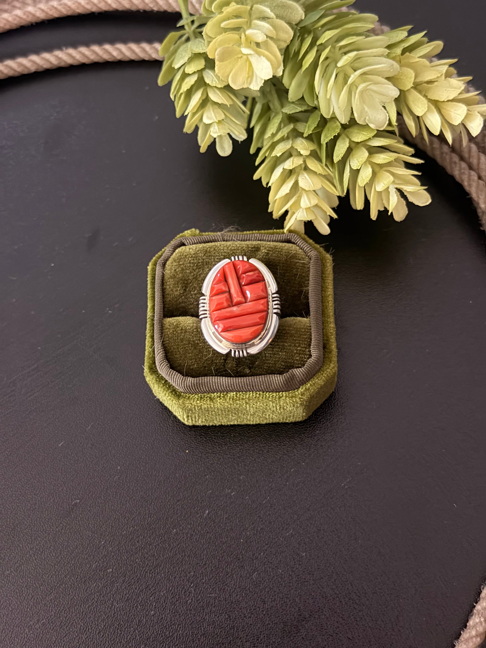 Navajo Made Mediterranean Coral & Sterling Silver Cobblestone Ring Size 7.25