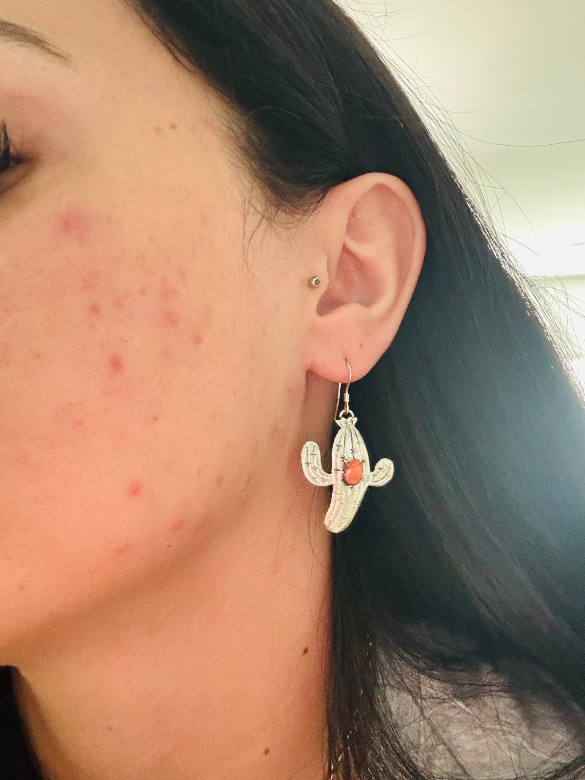 Navajo Handmade Spiny Oyster & Sterling Silver Cactus Dangle Earrings